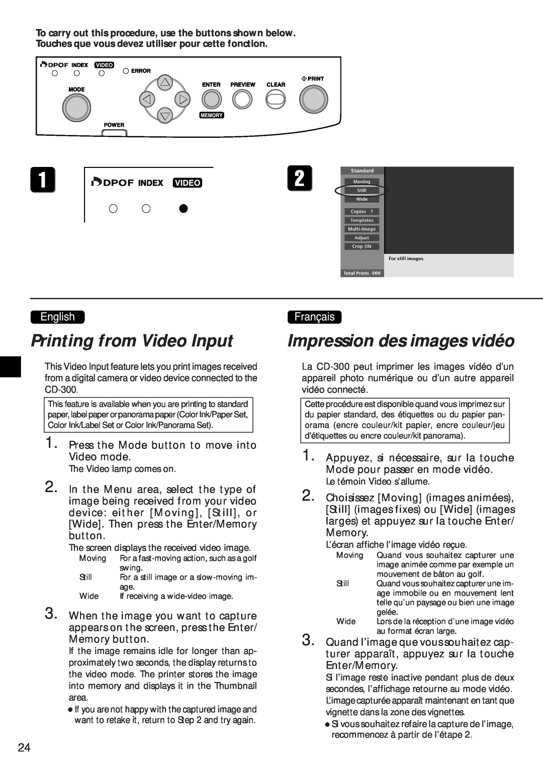 Canon CD-300 manual Printing from Video Input, Impression des images vidéo 