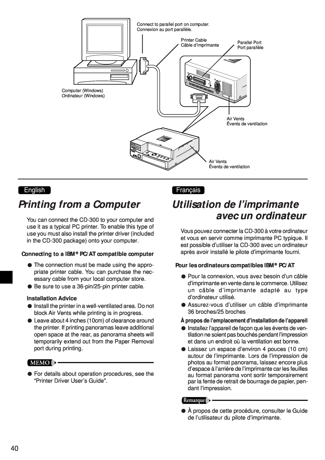 Canon CD-300 manual Printing from a Computer, Utilisation de l’imprimante avec un ordinateur, Installation Advice 