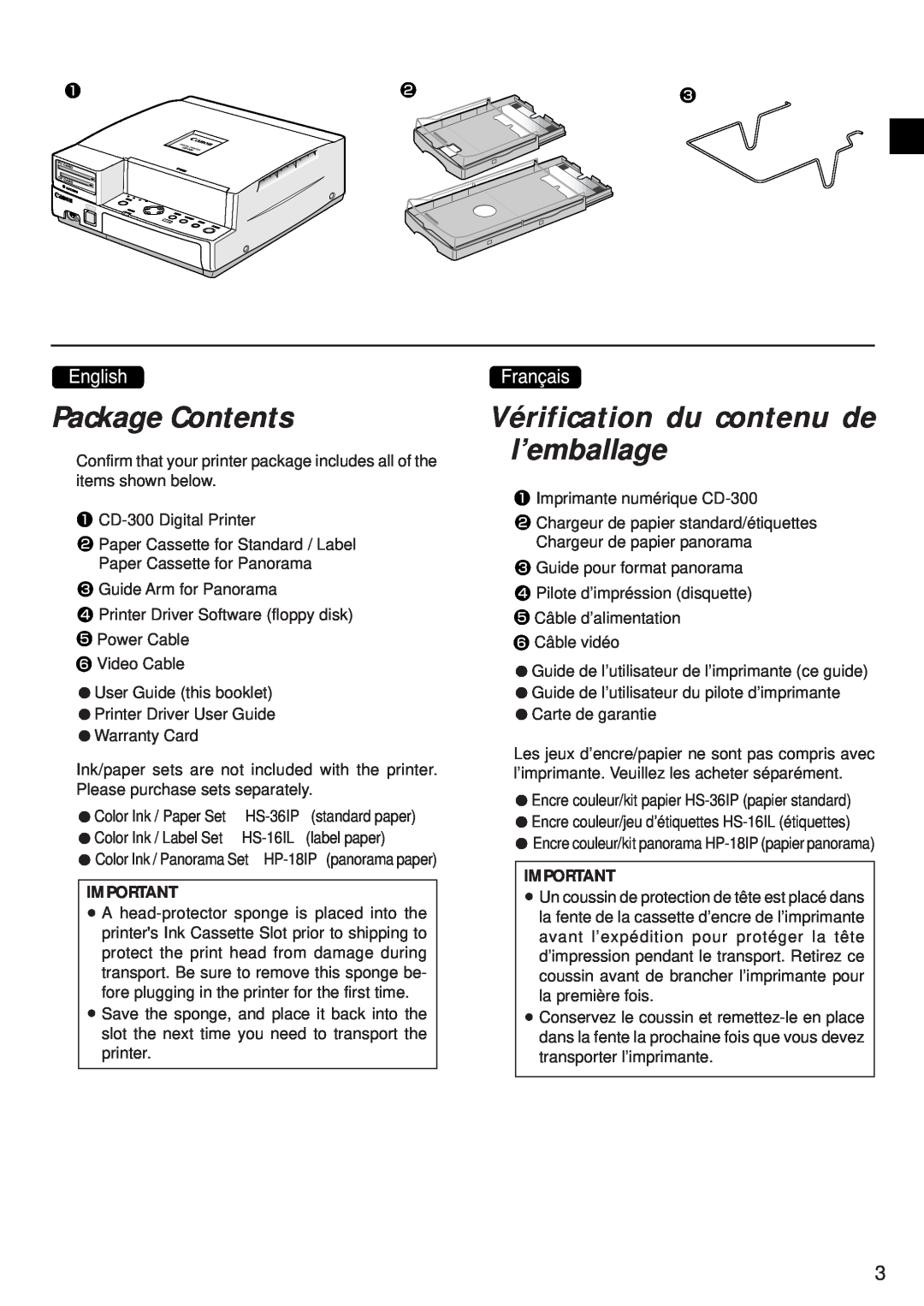Canon CD-300 manual Package Contents, Vérification du contenu de l’emballage 