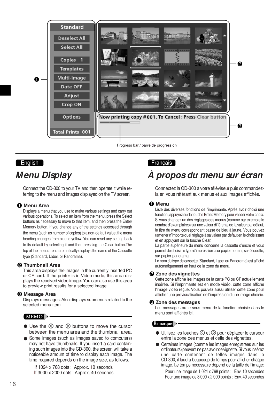 Canon CD-300 manual Menu Display, Propos du menu sur écran 