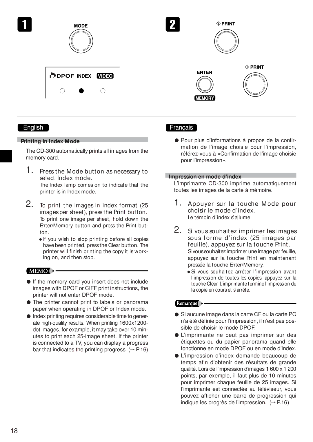 Canon CD-300 Press the Mode button as necessary to select Index mode, Printing in Index Mode, Impression en mode d’index 