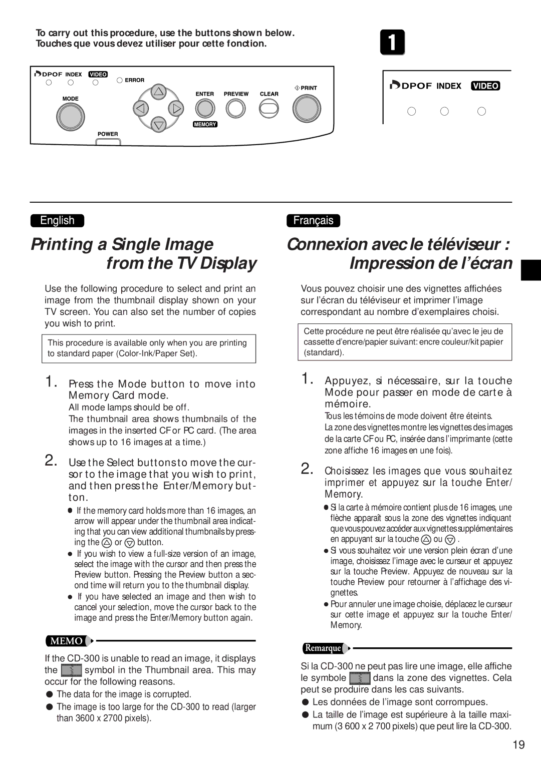 Canon CD-300 manual Printing a Single Image from the TV Display, Connexion avec le téléviseur Impression de l’écran 