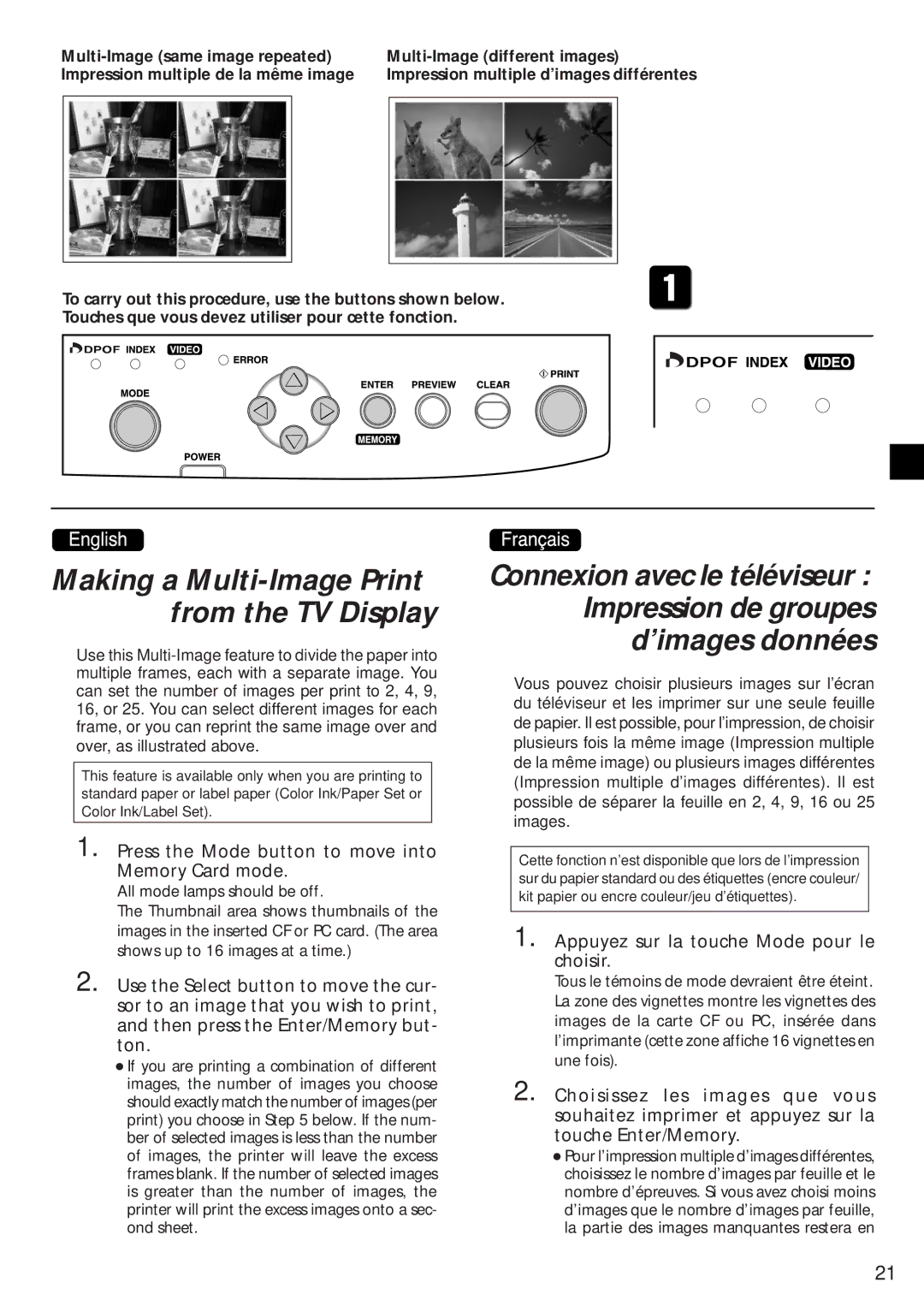 Canon CD-300 manual Making a Multi-Image Print from the TV Display, Appuyez sur la touche Mode pour le choisir 