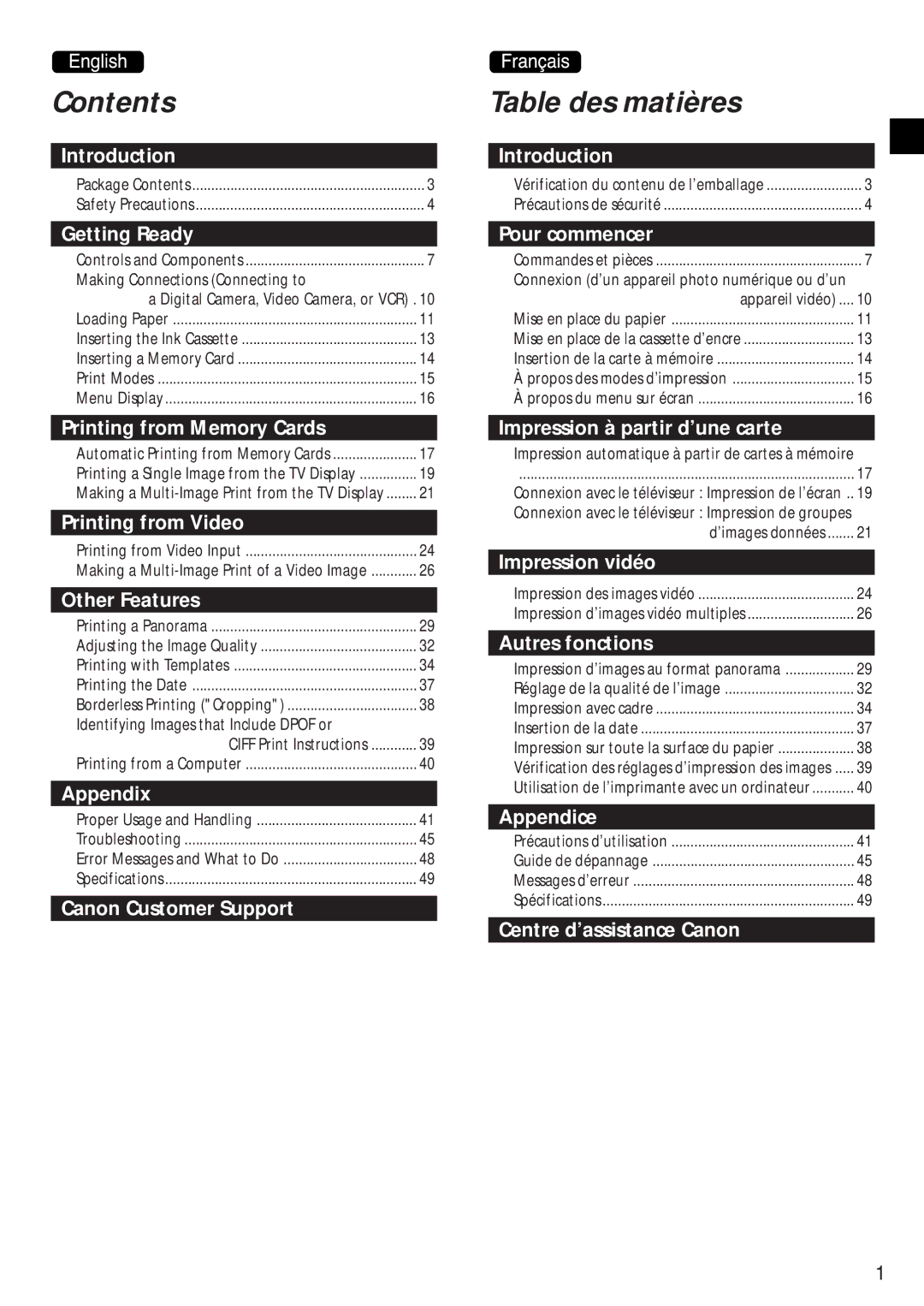 Canon CD-300 manual Contents, Table des matières 