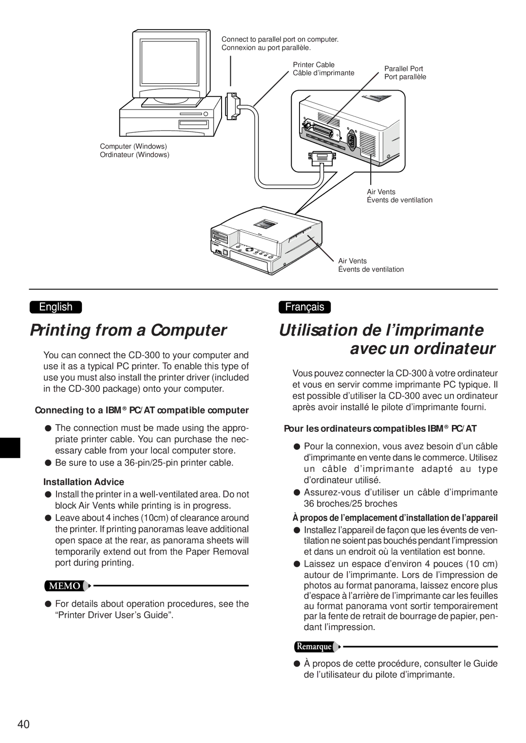 Canon CD-300 manual Printing from a Computer, Utilisation de l’imprimante avec un ordinateur 