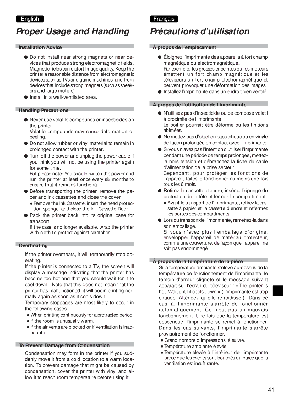 Canon CD-300 manual Proper Usage and Handling, Précautions d’utilisation 