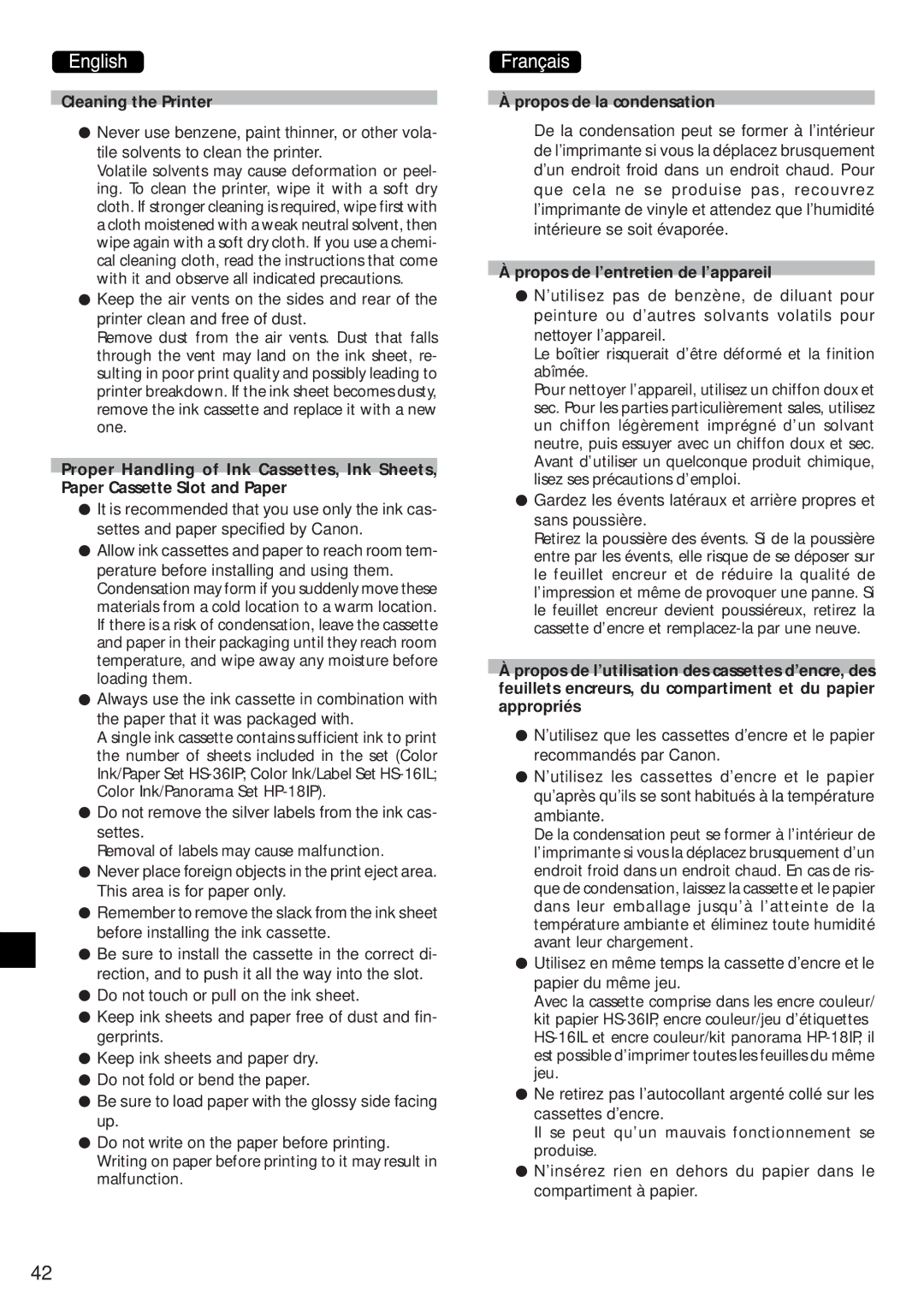 Canon CD-300 manual Cleaning the Printer, Propos de la condensation, Propos de l’entretien de l’appareil 