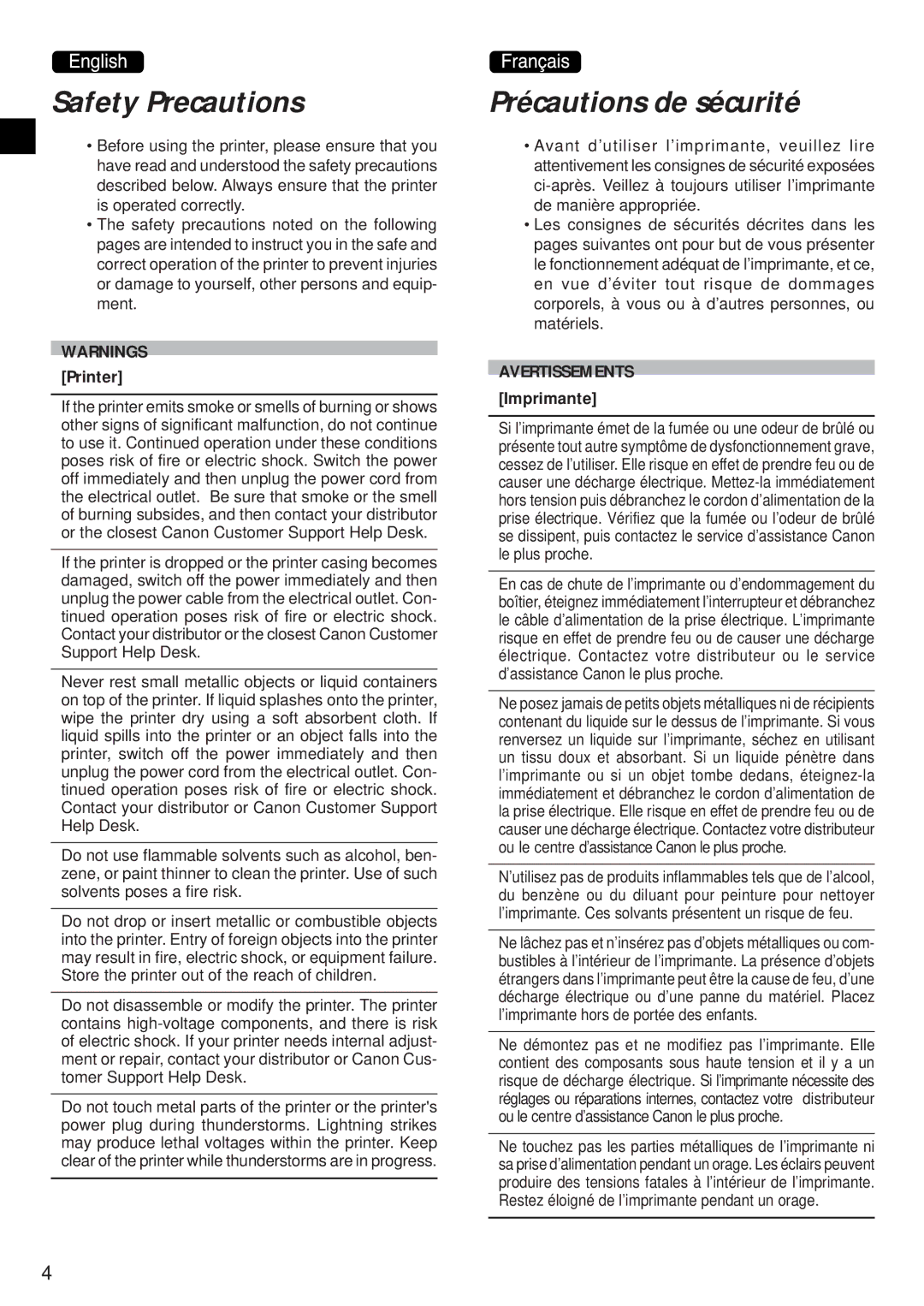 Canon CD-300 manual Safety Precautions, Précautions de sécurité, Printer, Imprimante 