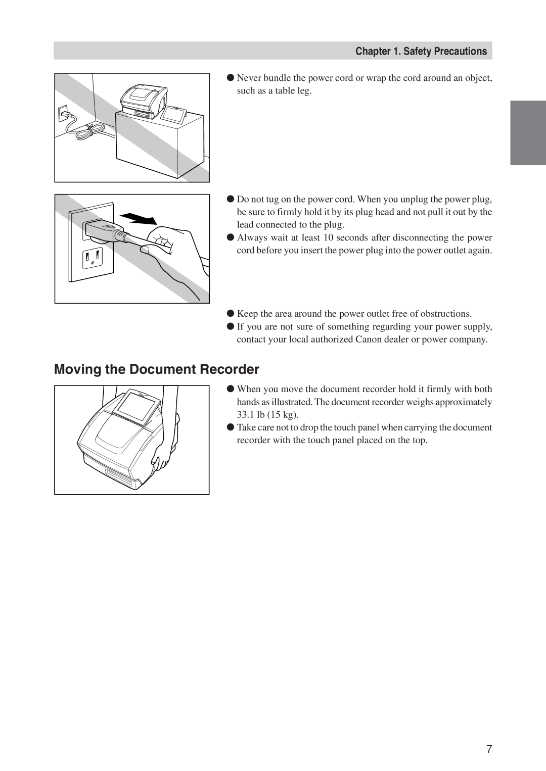 Canon CD-4070NW manual Moving the Document Recorder, Keep the area around the power outlet free of obstructions 