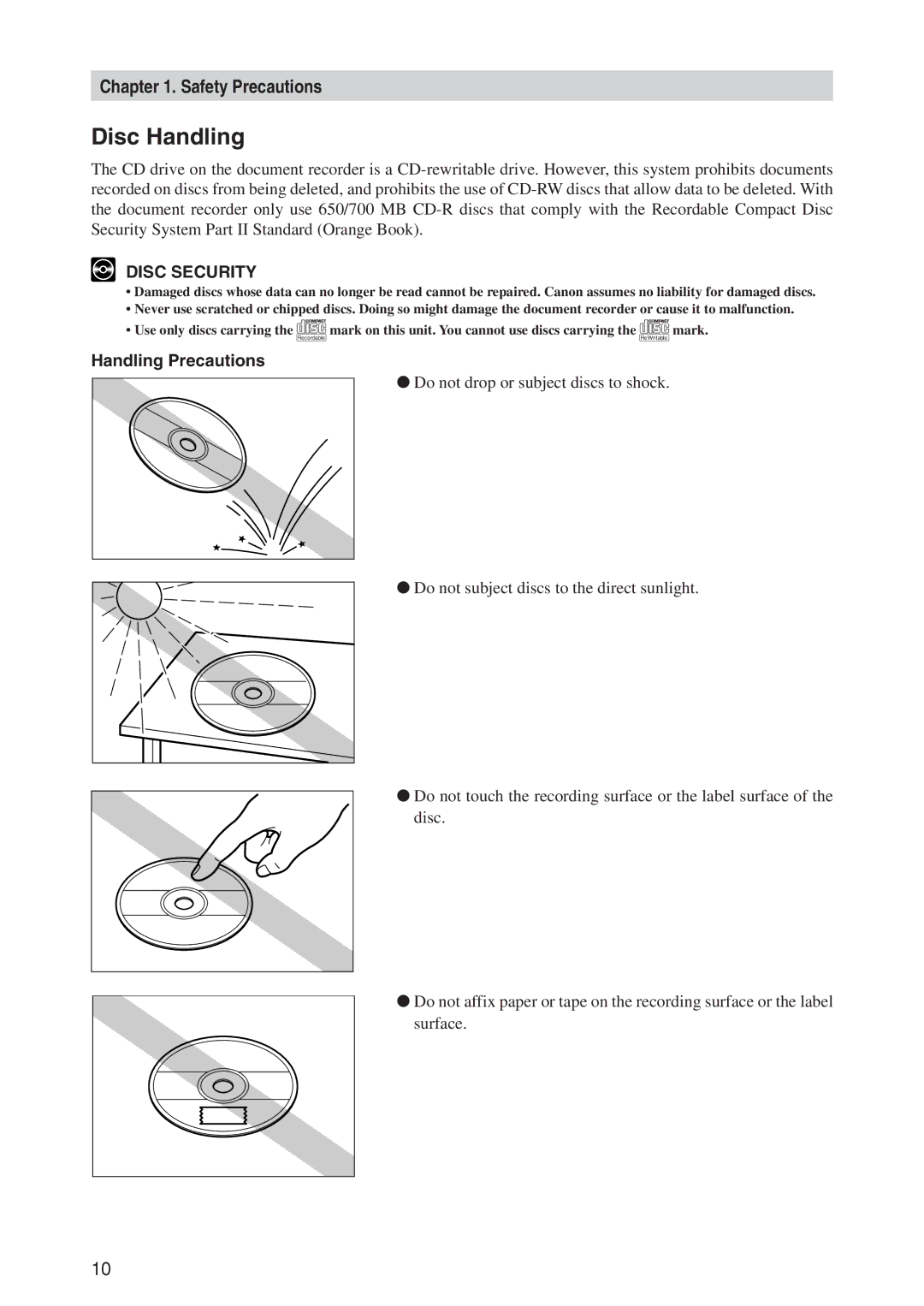 Canon CD-4070NW manual Disc Handling, Handling Precautions 