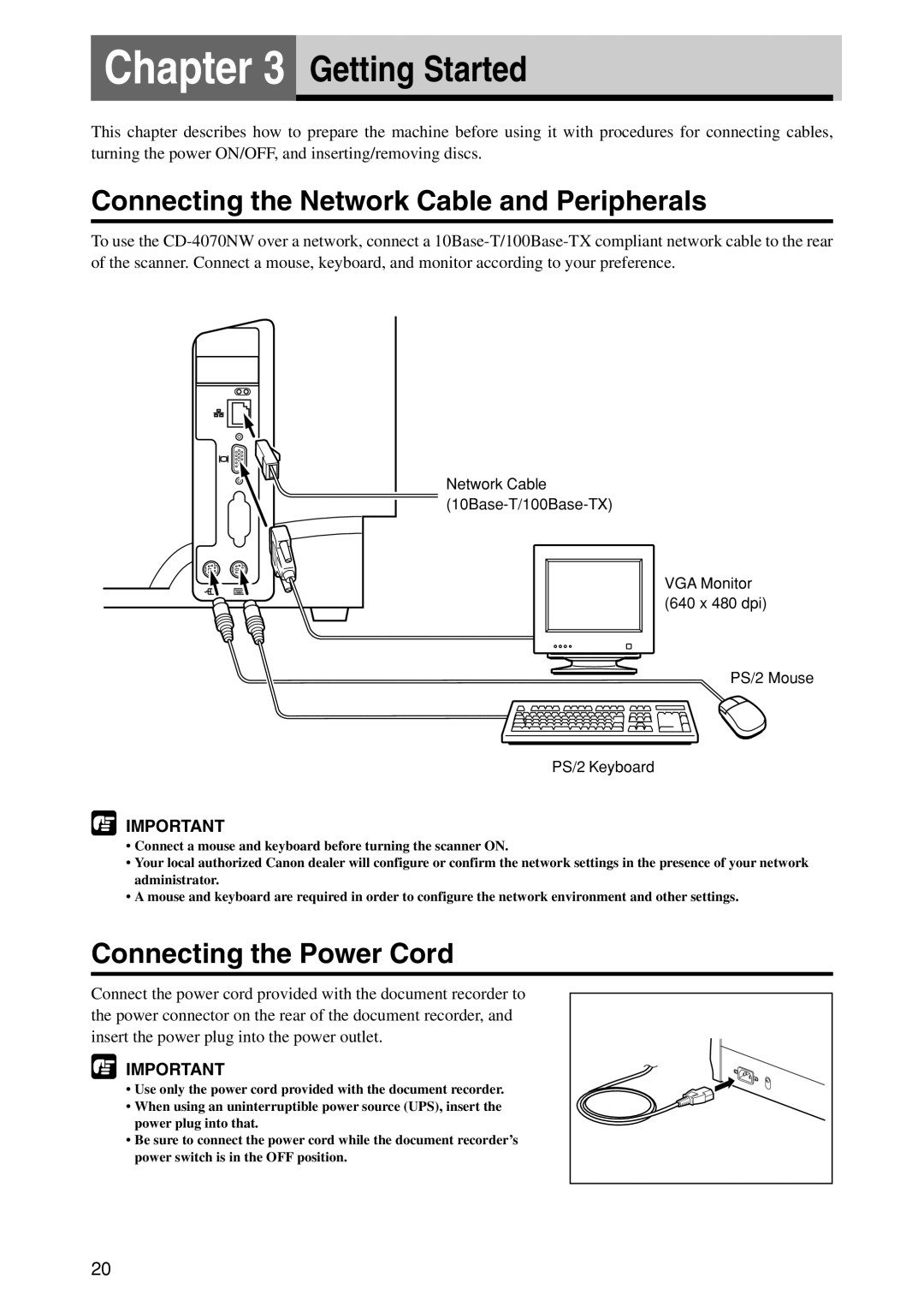 Canon CD-4070NW manual Connecting the Network Cable and Peripherals, Connecting the Power Cord 