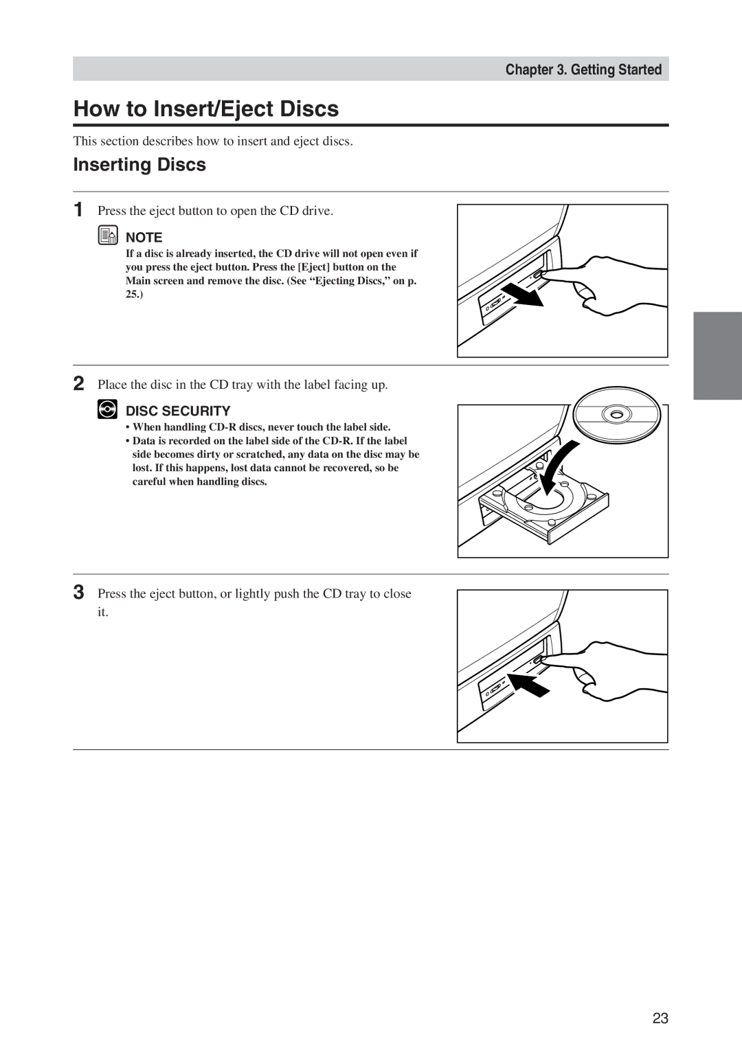 Canon CD-4070NW manual How to Insert/Eject Discs, Inserting Discs, This section describes how to insert and eject discs 