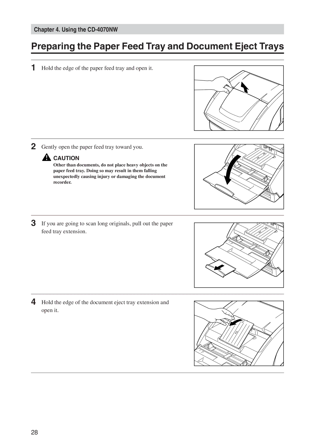 Canon CD-4070NW manual Preparing the Paper Feed Tray and Document Eject Trays 