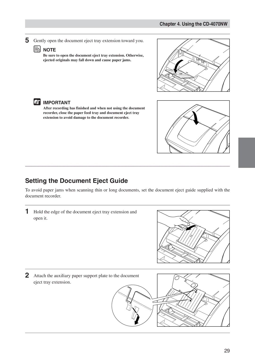 Canon CD-4070NW manual Setting the Document Eject Guide, Gently open the document eject tray extension toward you 