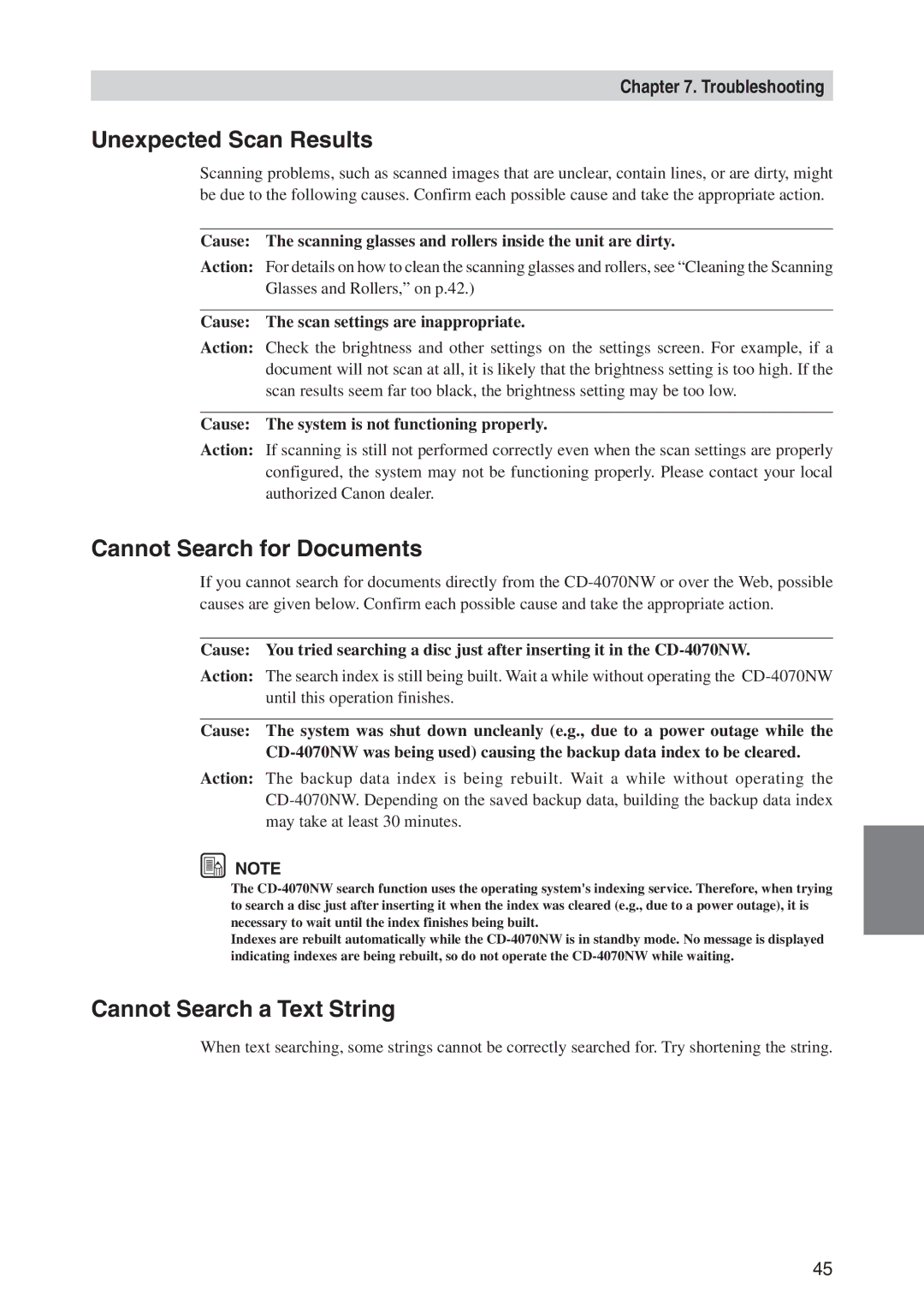 Canon CD-4070NW manual Unexpected Scan Results, Cannot Search for Documents, Cannot Search a Text String 