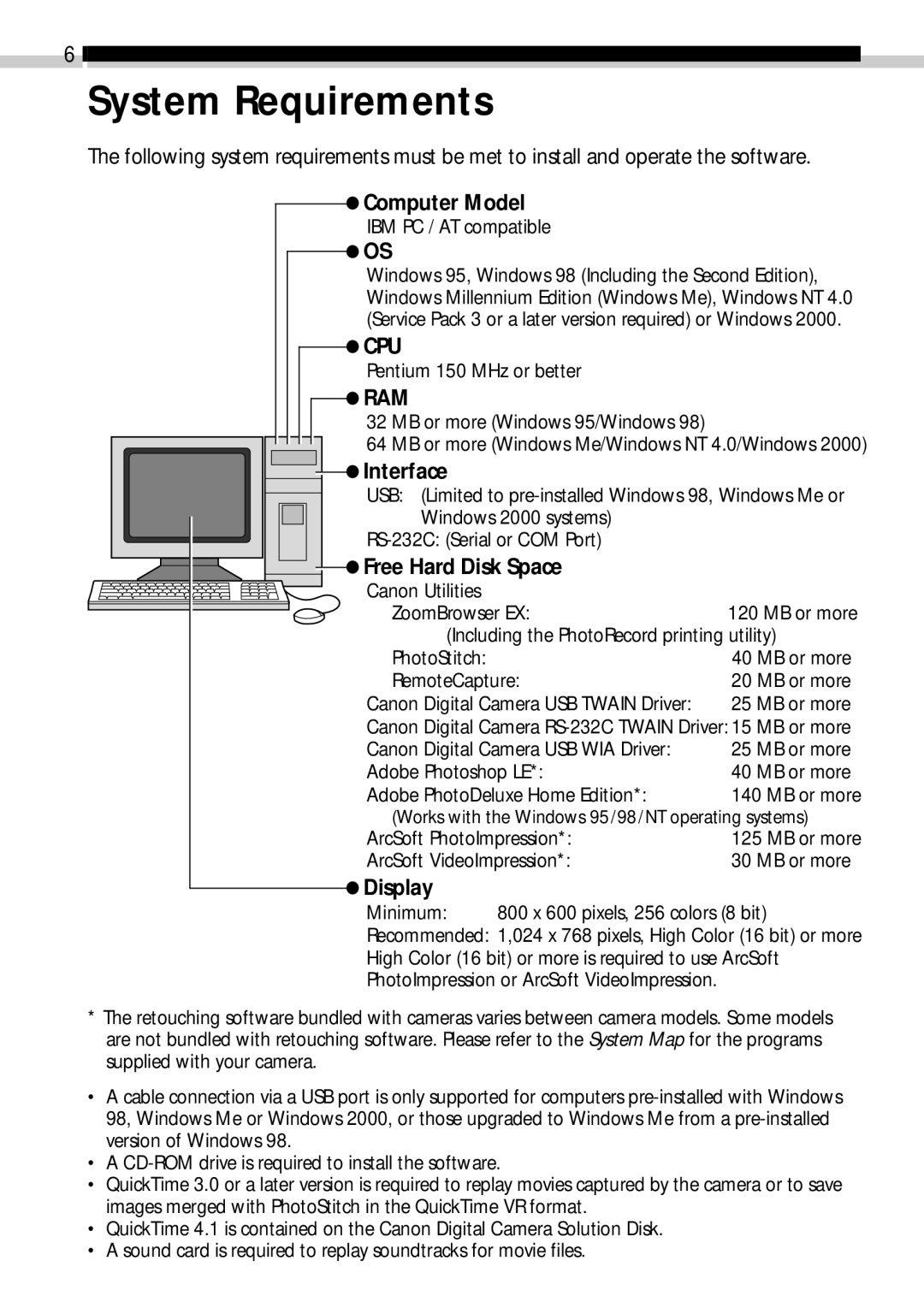 Canon CDI-E019-010 manual System Requirements, =Computer Model, =Interface, =Free Hard Disk Space, =Display 