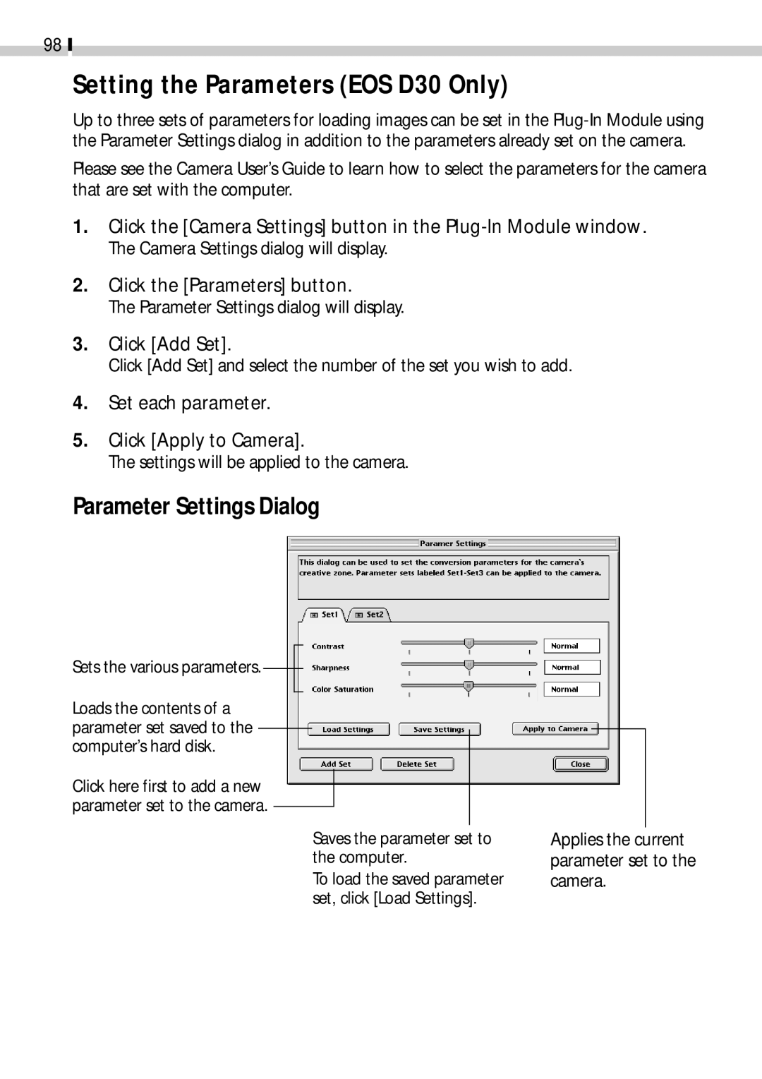 Canon CDI-E019-010 manual Click Add Set, Set each parameter Click Apply to Camera 