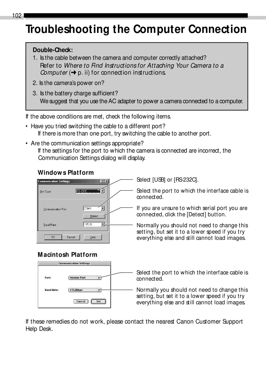 Canon CDI-E019-010 manual Troubleshooting the Computer Connection, Double-Check, Windows Platform, Macintosh Platform 