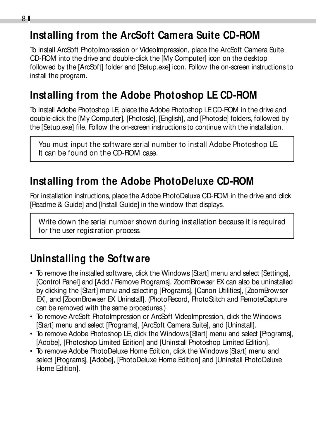 Canon CDI-E019-010 manual Installing from the ArcSoft Camera Suite CD-ROM, Installing from the Adobe Photoshop LE CD-ROM 