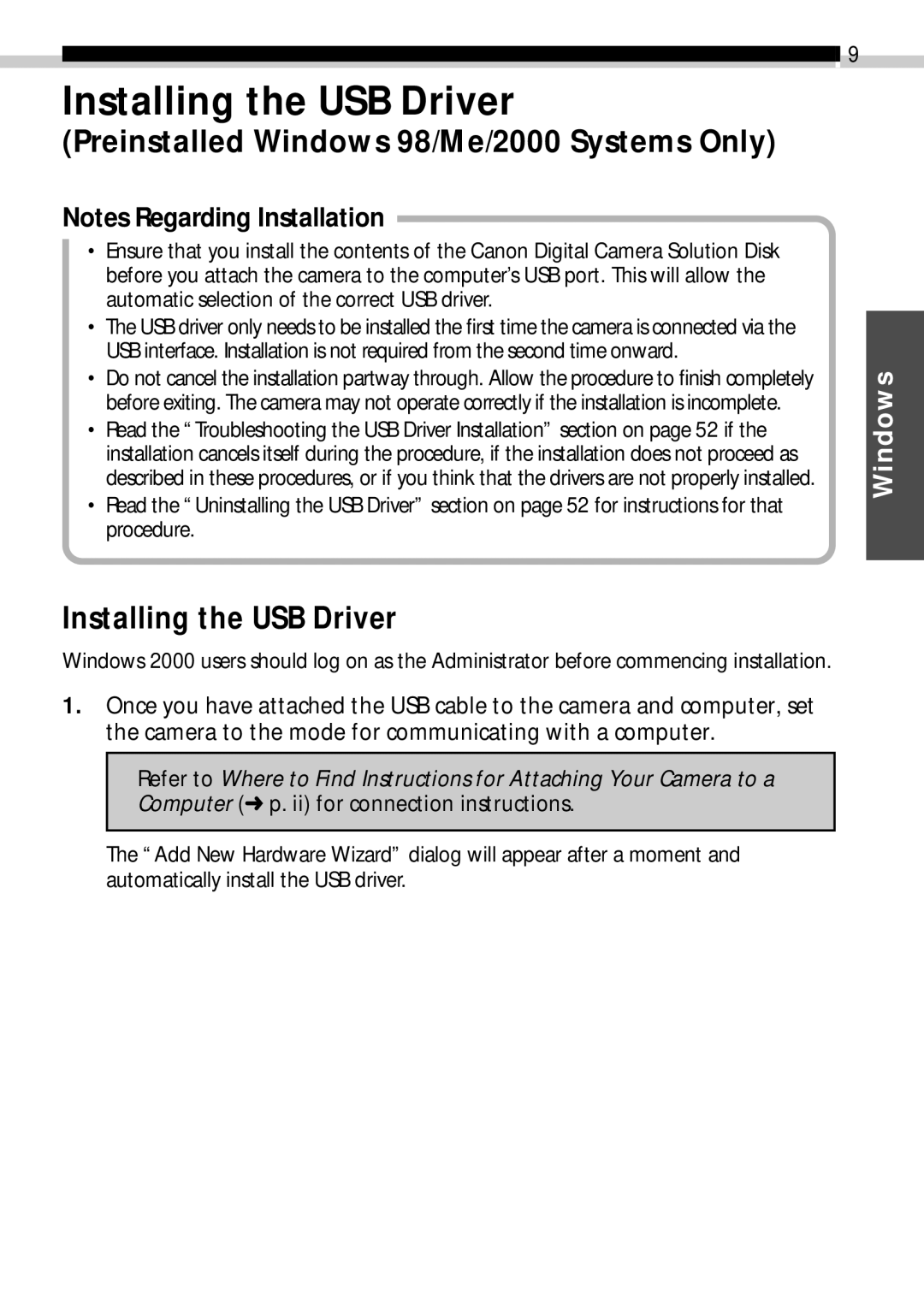 Canon CDI-E019-010 manual Installing the USB Driver, Preinstalled Windows 98/Me/2000 Systems Only 