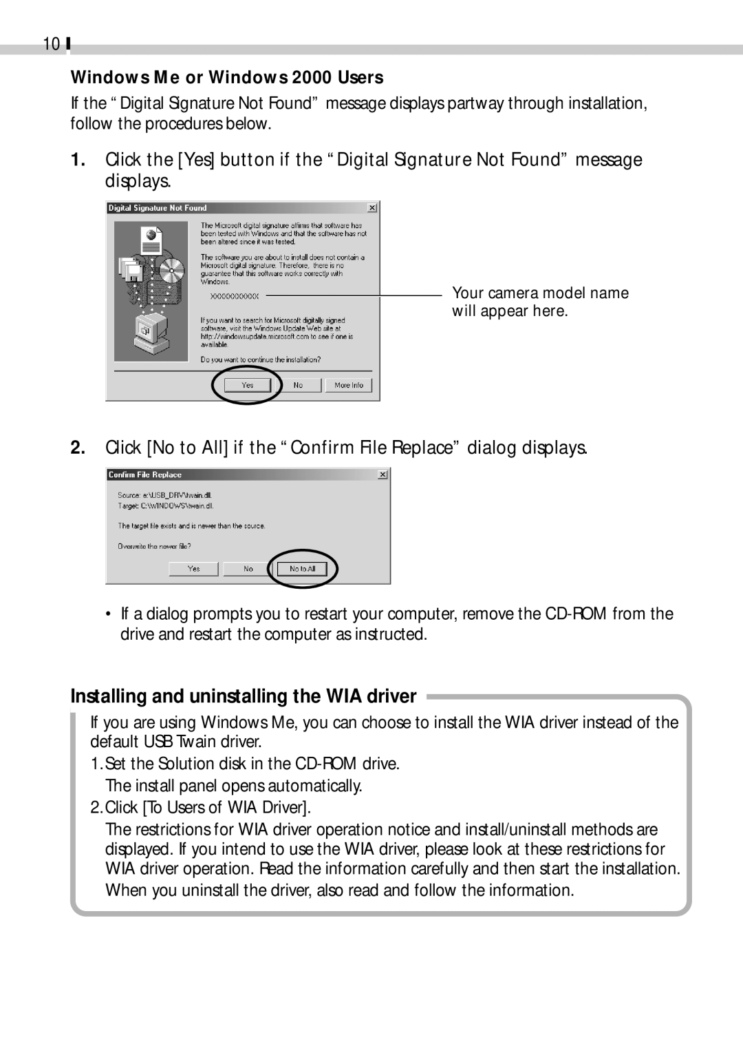 Canon CDI-E019-010 Installing and uninstalling the WIA driver, Click No to All if the Confirm File Replace dialog displays 