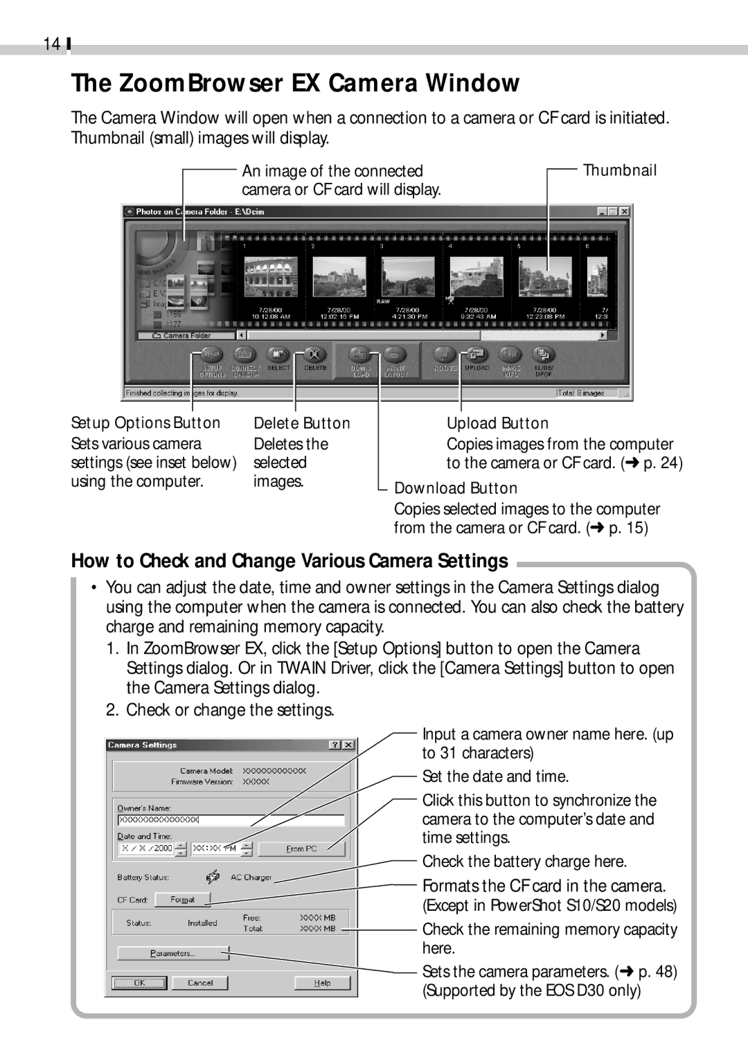 Canon CDI-E019-010 manual ZoomBrowser EX Camera Window, How to Check and Change Various Camera Settings 