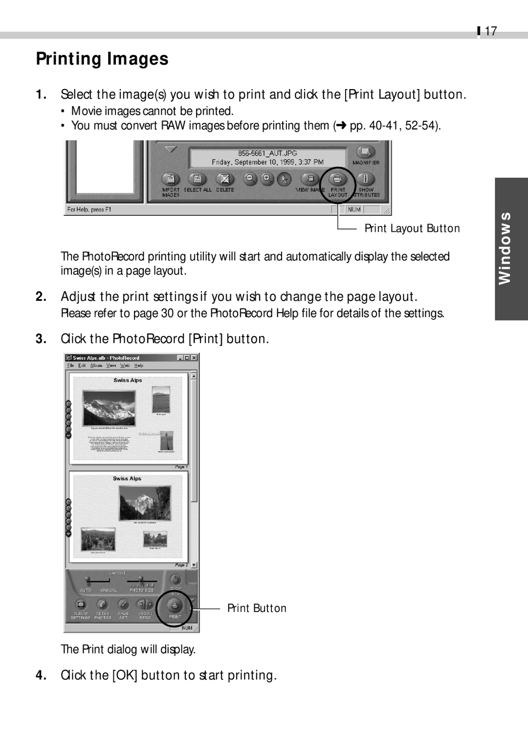 Canon CDI-E019-010 manual Printing Images, Click the PhotoRecord Print button, Click the OK button to start printing 