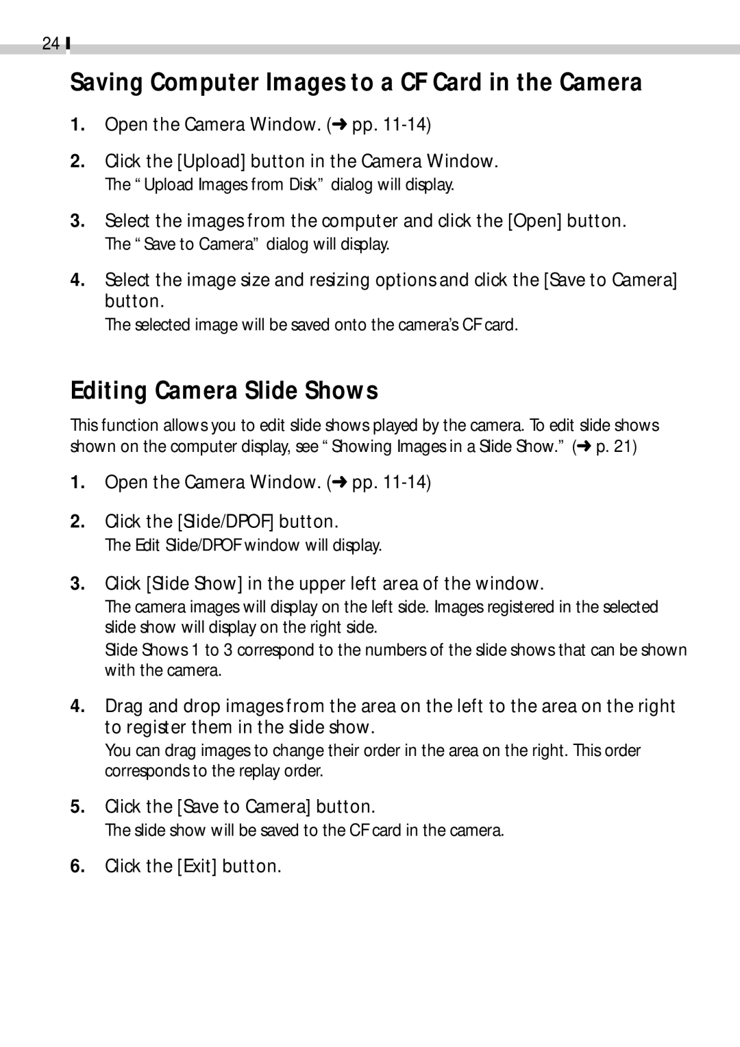 Canon CDI-E019-010 manual Saving Computer Images to a CF Card in the Camera, Editing Camera Slide Shows 