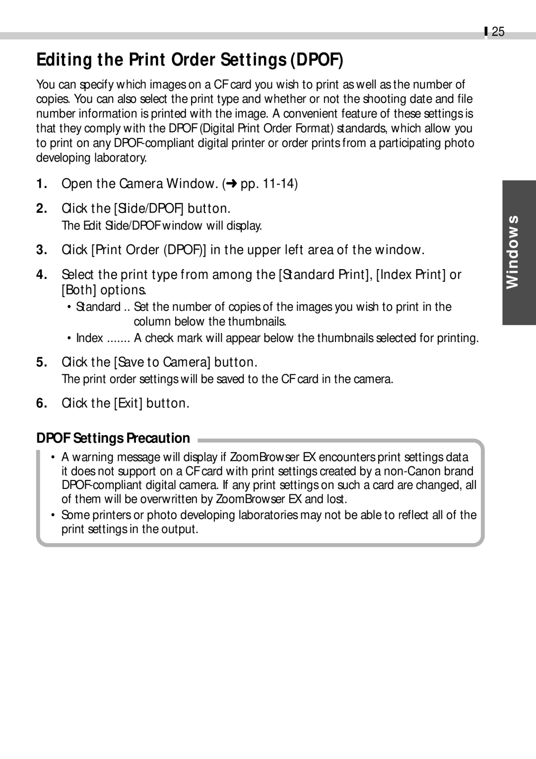 Canon CDI-E019-010 manual Editing the Print Order Settings Dpof, Dpof Settings Precaution 