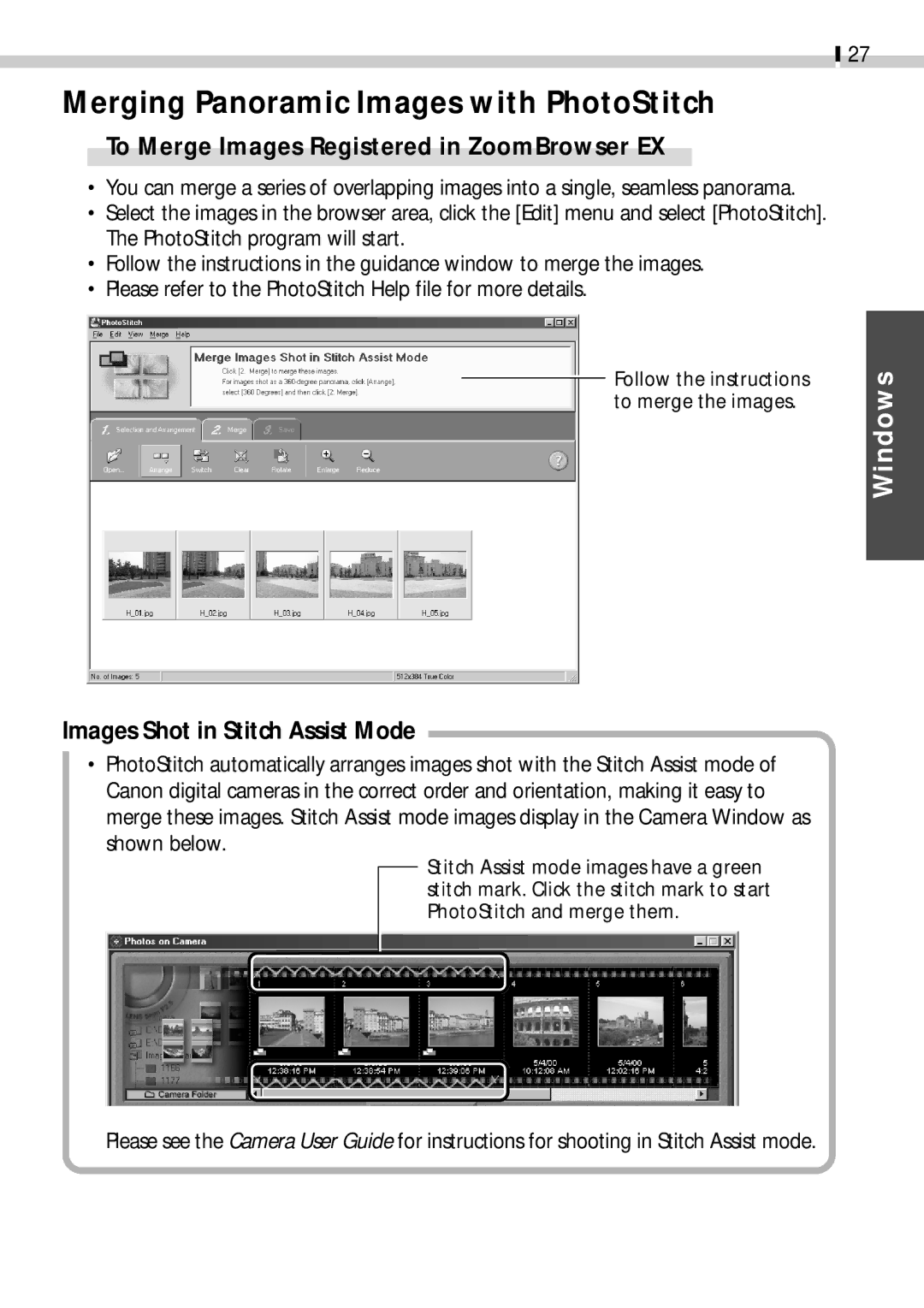 Canon CDI-E019-010 manual Merging Panoramic Images with PhotoStitch, To Merge Images Registered in ZoomBrowser EX 