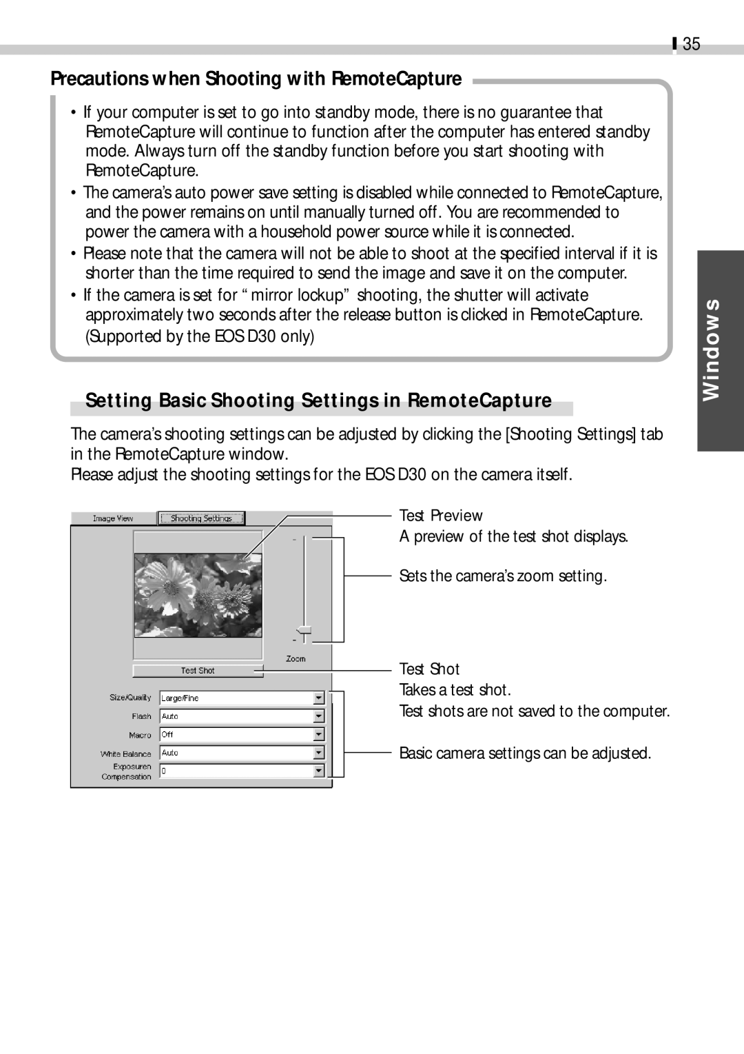 Canon CDI-E019-010 manual Precautions when Shooting with RemoteCapture, Setting Basic Shooting Settings in RemoteCapture 