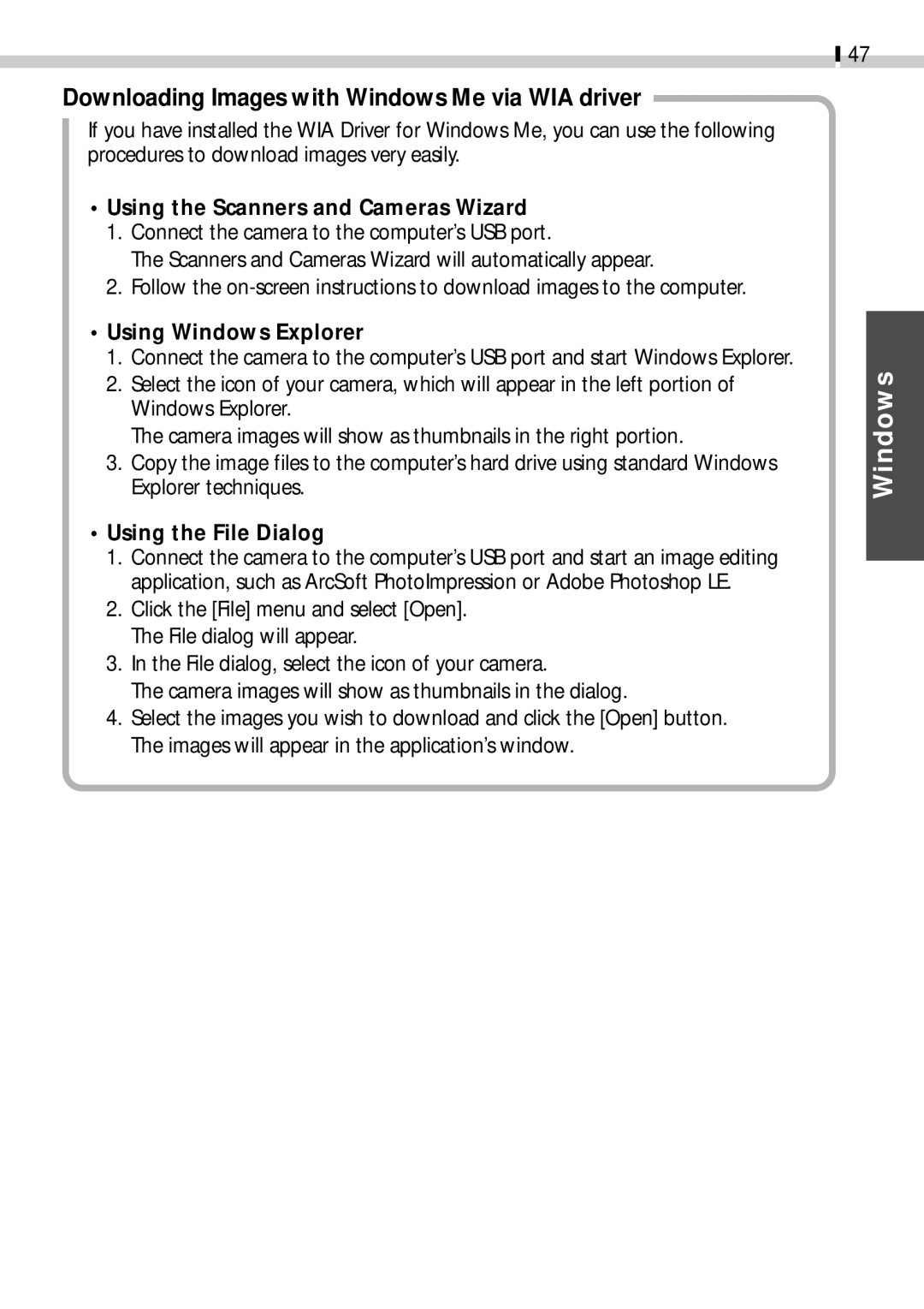 Canon CDI-E019-010 manual Downloading Images with Windows Me via WIA driver, Using the Scanners and Cameras Wizard 