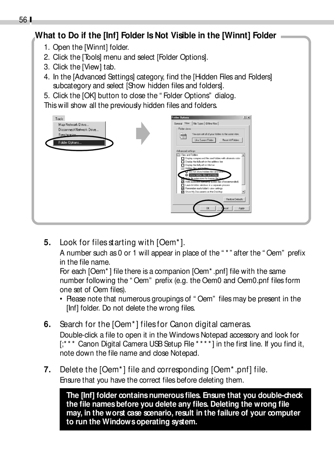 Canon CDI-E019-010 manual Look for files starting with Oem, Search for the Oem* files for Canon digital cameras 