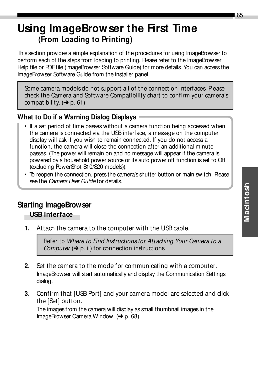 Canon CDI-E019-010 manual Using ImageBrowser the First Time, Starting ImageBrowser, What to Do if a Warning Dialog Displays 