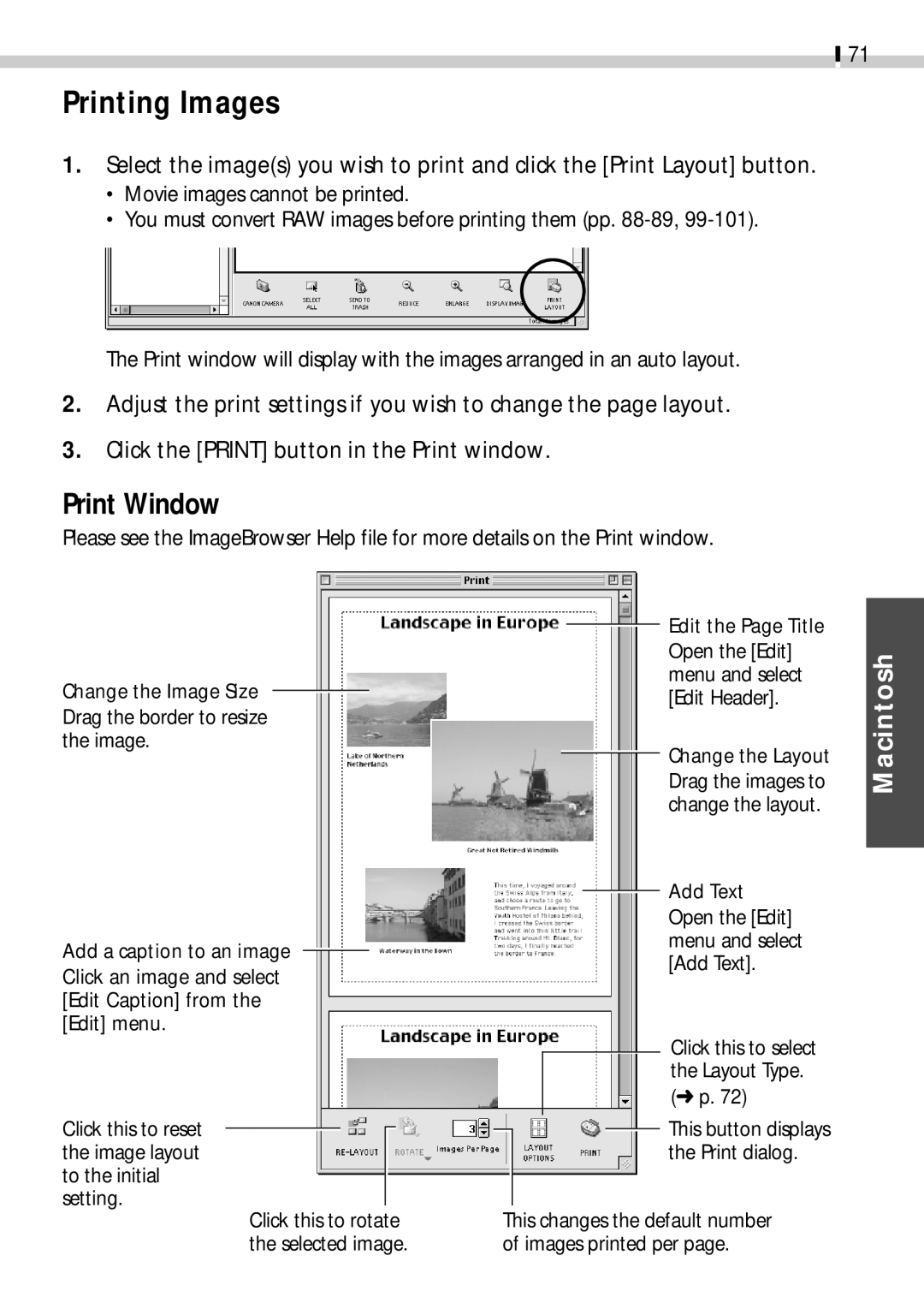 Canon CDI-E019-010 manual Print Window, Click an image and select Edit Caption from the Edit menu 