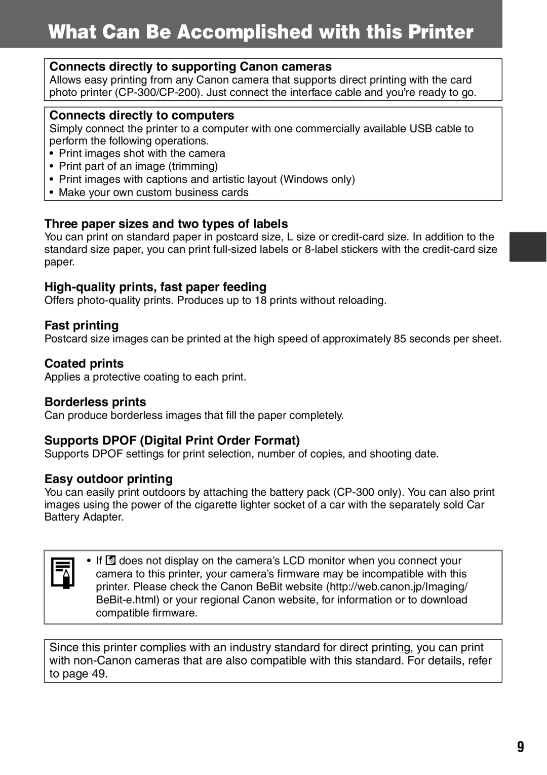 Canon CDI-M113-010 manual What Can Be Accomplished with this Printer, Connects directly to supporting Canon cameras 