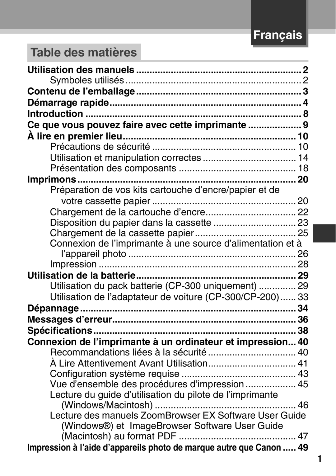 Canon CDI-M113-010 manual Français, Table des matières 