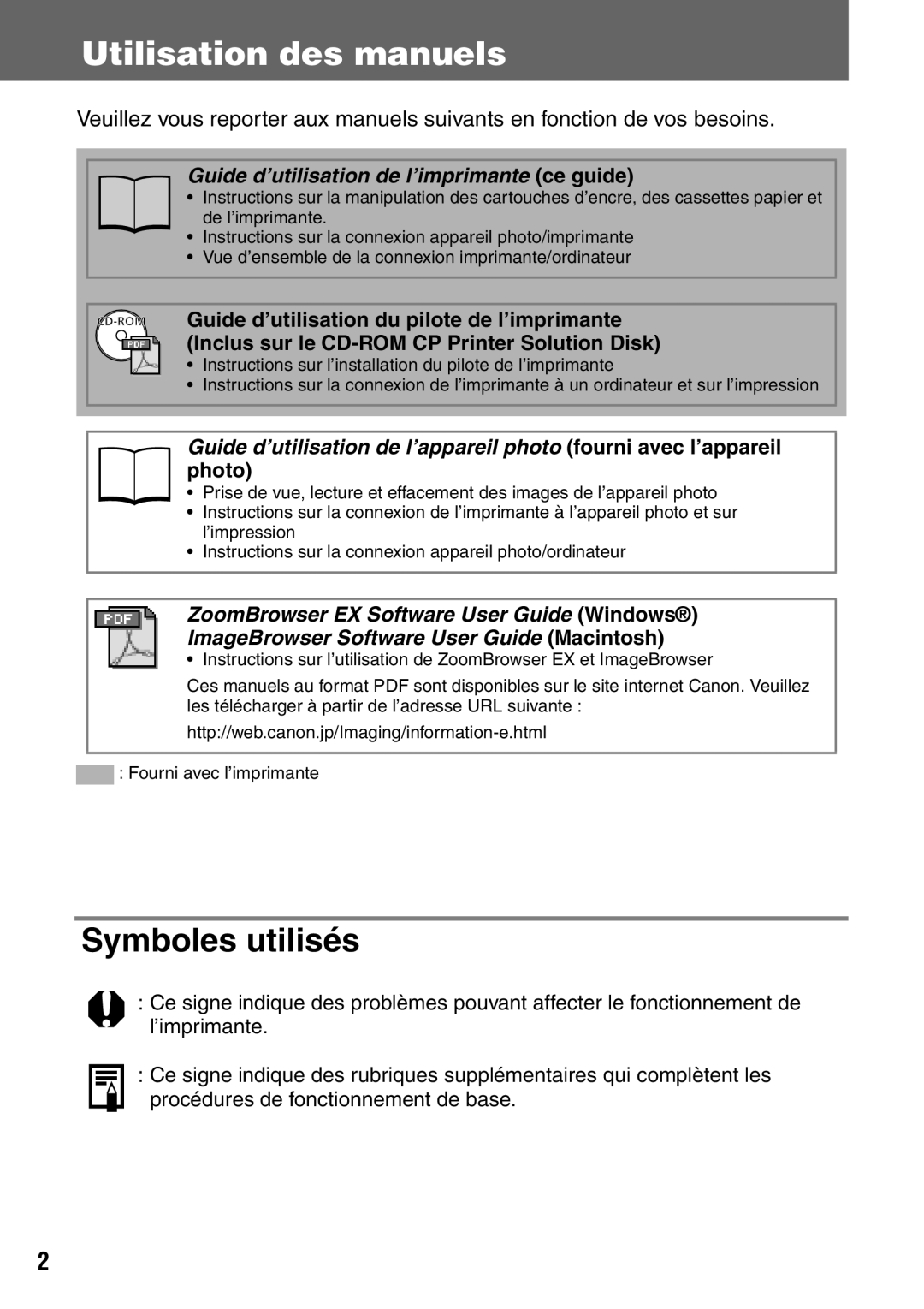 Canon CDI-M113-010 manual Utilisation des manuels, Symboles utilisés 