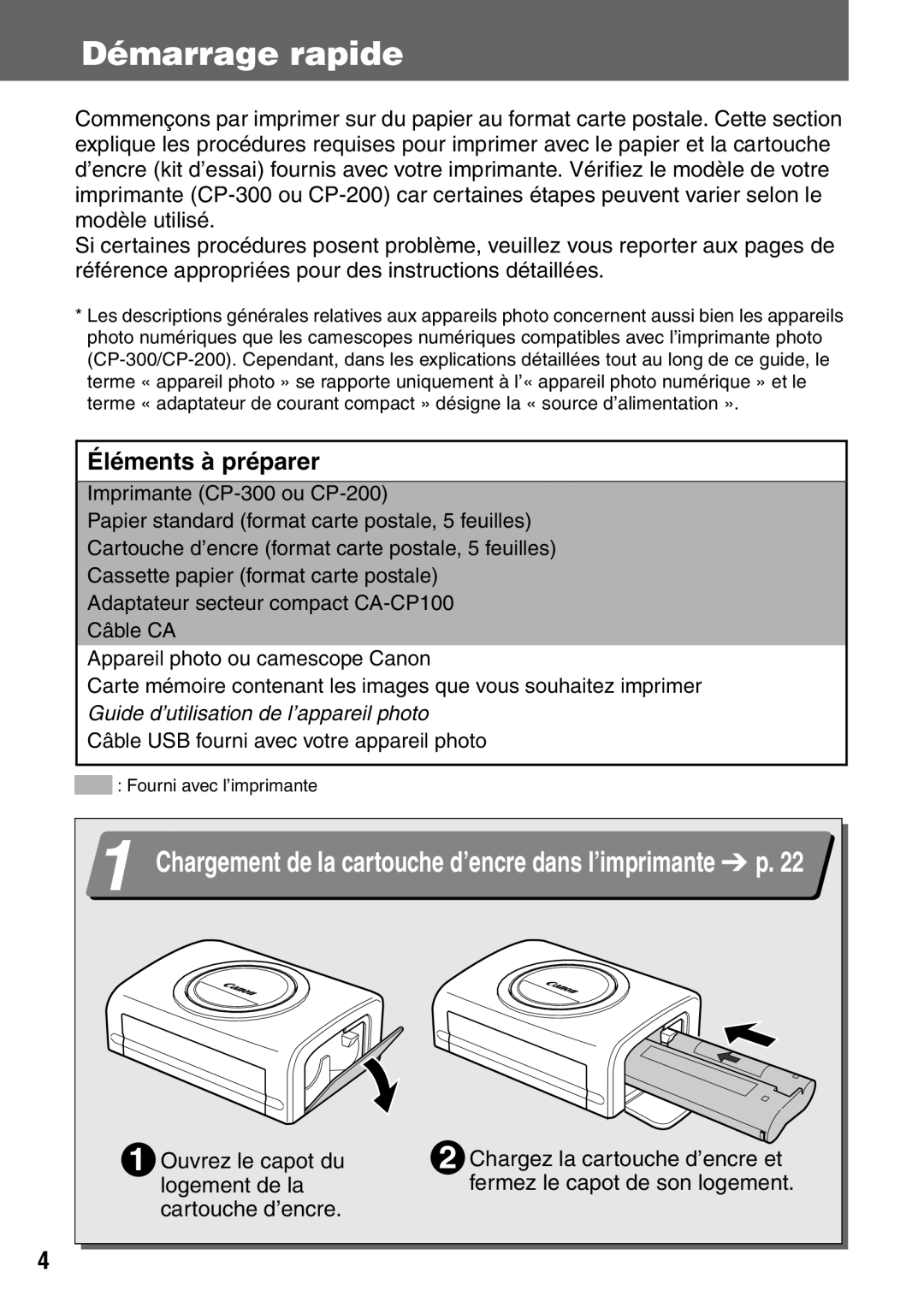 Canon CDI-M113-010 manual Démarrage rapide, Éléments à préparer 