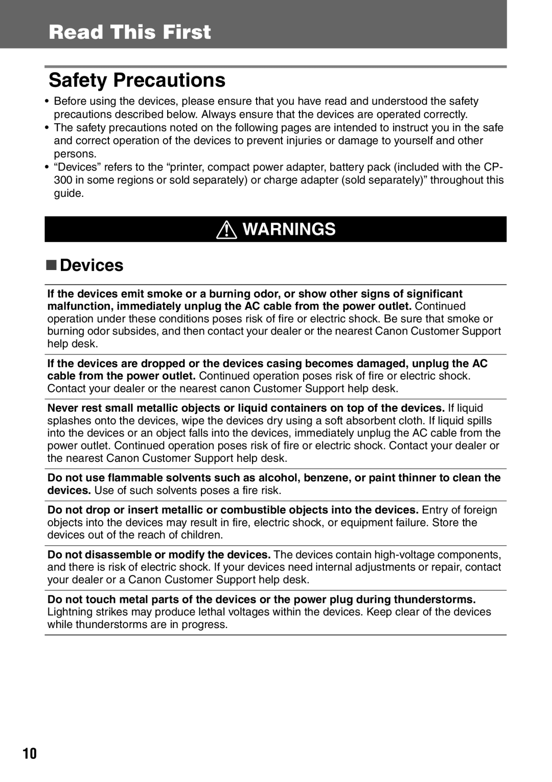 Canon CDI-M113-010 manual Read This First, Safety Precautions, „ Devices 