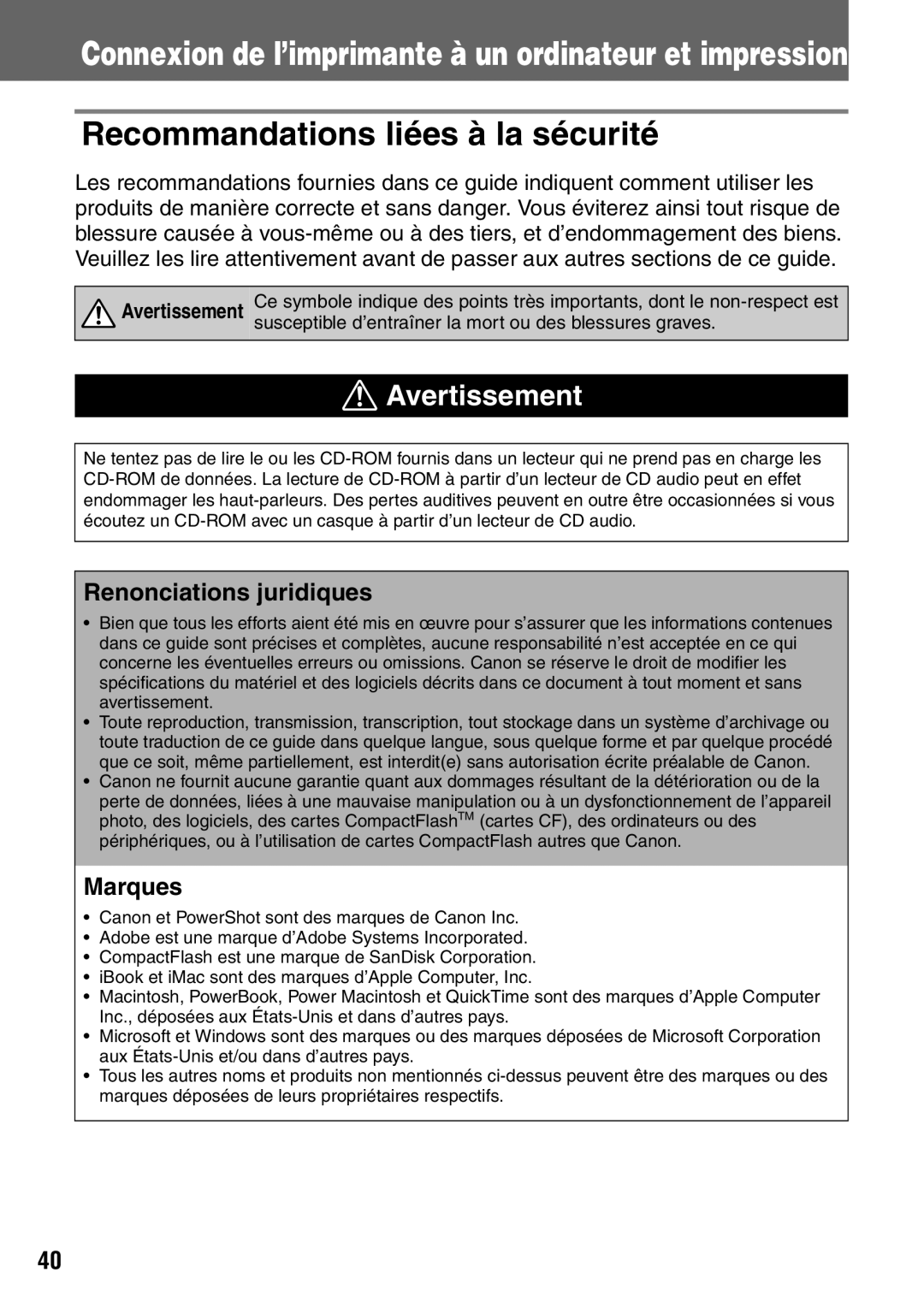 Canon CDI-M113-010 manual Recommandations liées à la sécurité, Renonciations juridiques 