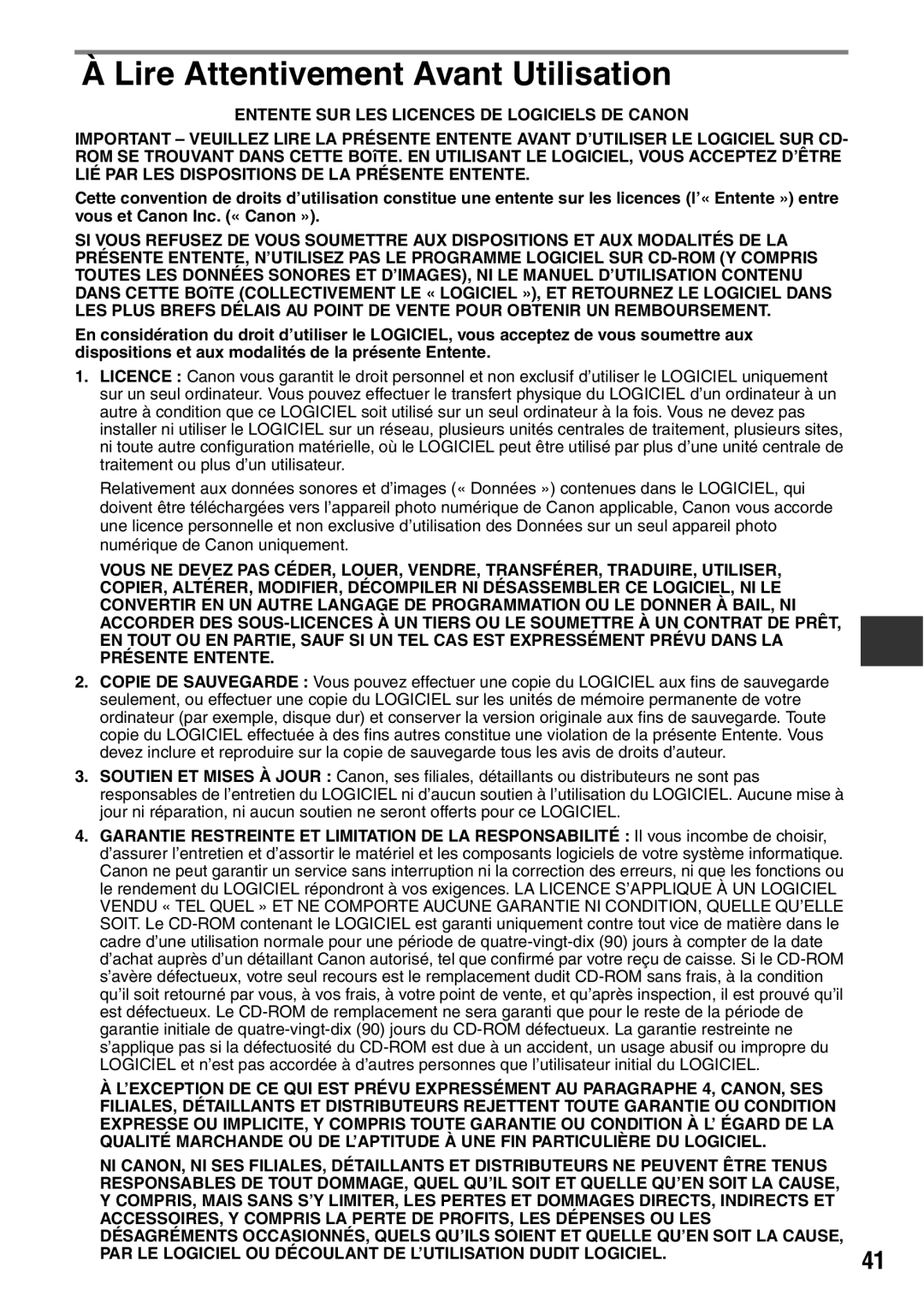 Canon CDI-M113-010 manual Lire Attentivement Avant Utilisation, Entente SUR LES Licences DE Logiciels DE Canon 