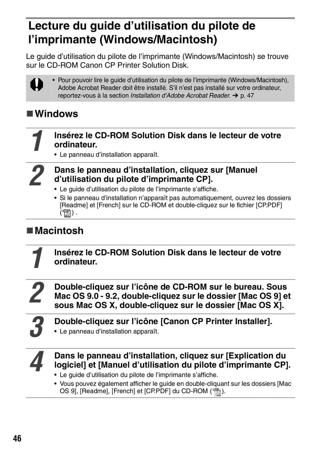 Canon CDI-M113-010 manual „ Windows, Double-cliquez sur l’icône Canon CP Printer Installer 