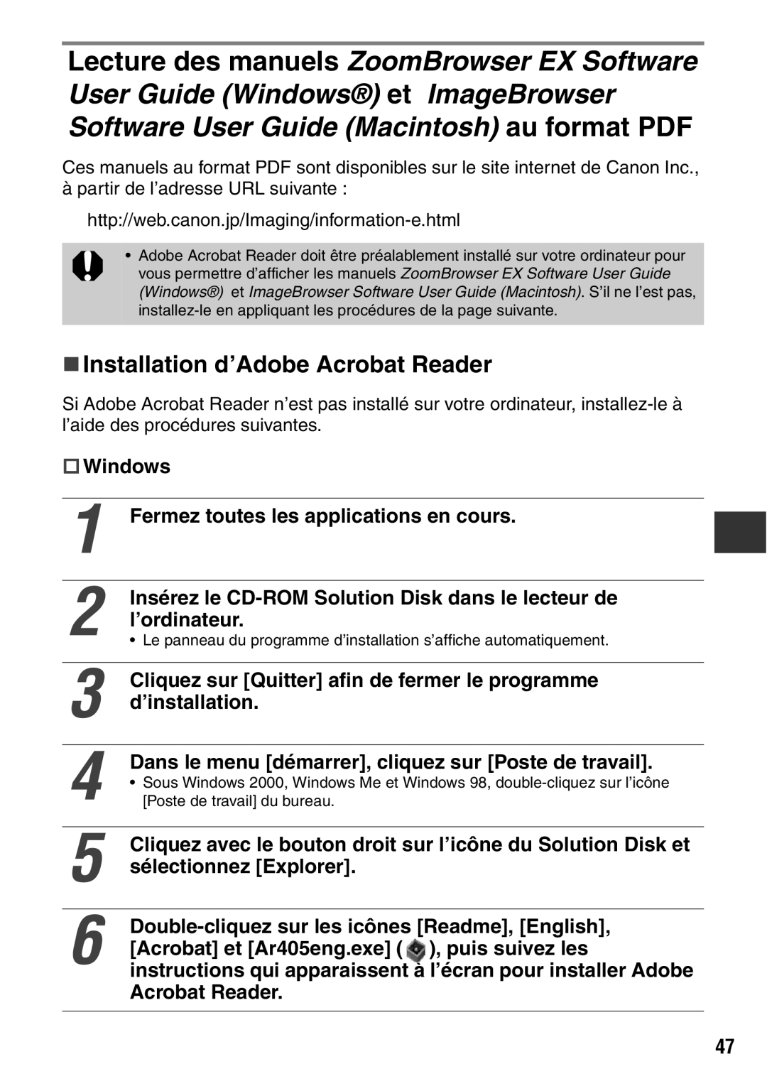 Canon CDI-M113-010 manual „ Installation d’Adobe Acrobat Reader 