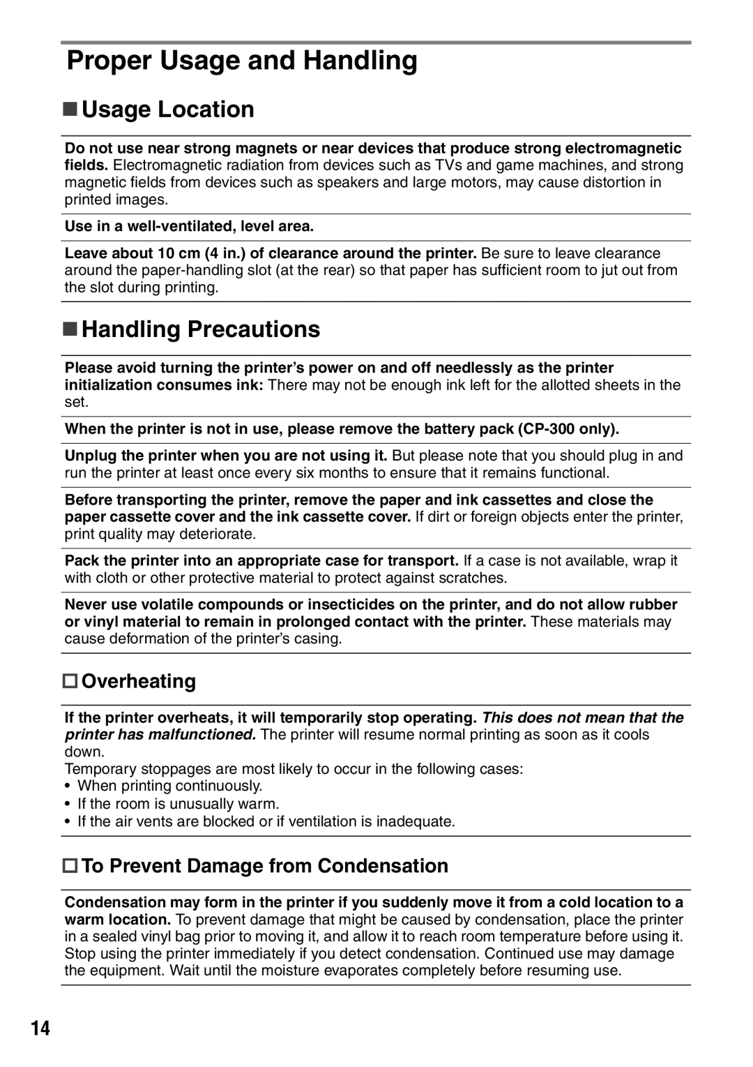 Canon CDI-M113-010 Proper Usage and Handling, „ Handling Precautions, † Overheating, † To Prevent Damage from Condensation 