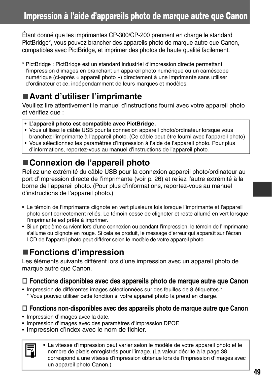 Canon CDI-M113-010 manual „ Avant d’utiliser l’imprimante, „ Connexion de l’appareil photo, „ Fonctions d’impression 