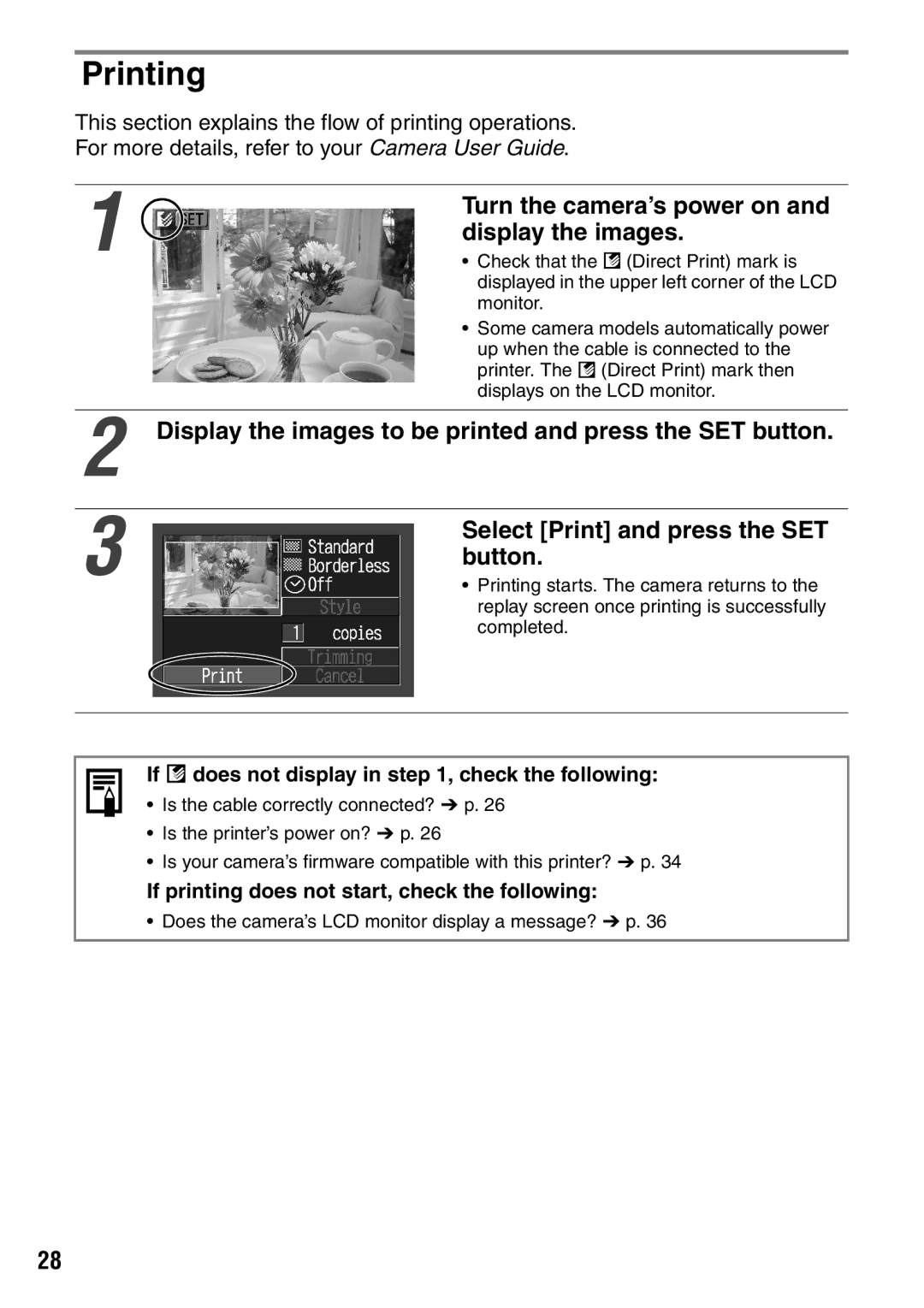 Canon CDI-M113-010 Printing, Display the images to be printed and press the SET button, Select Print and press the SET 