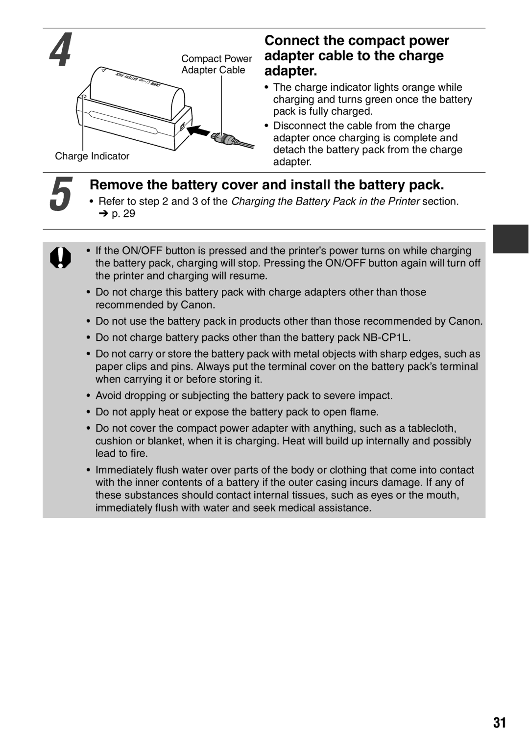 Canon CDI-M113-010 manual Remove the battery cover and install the battery pack 