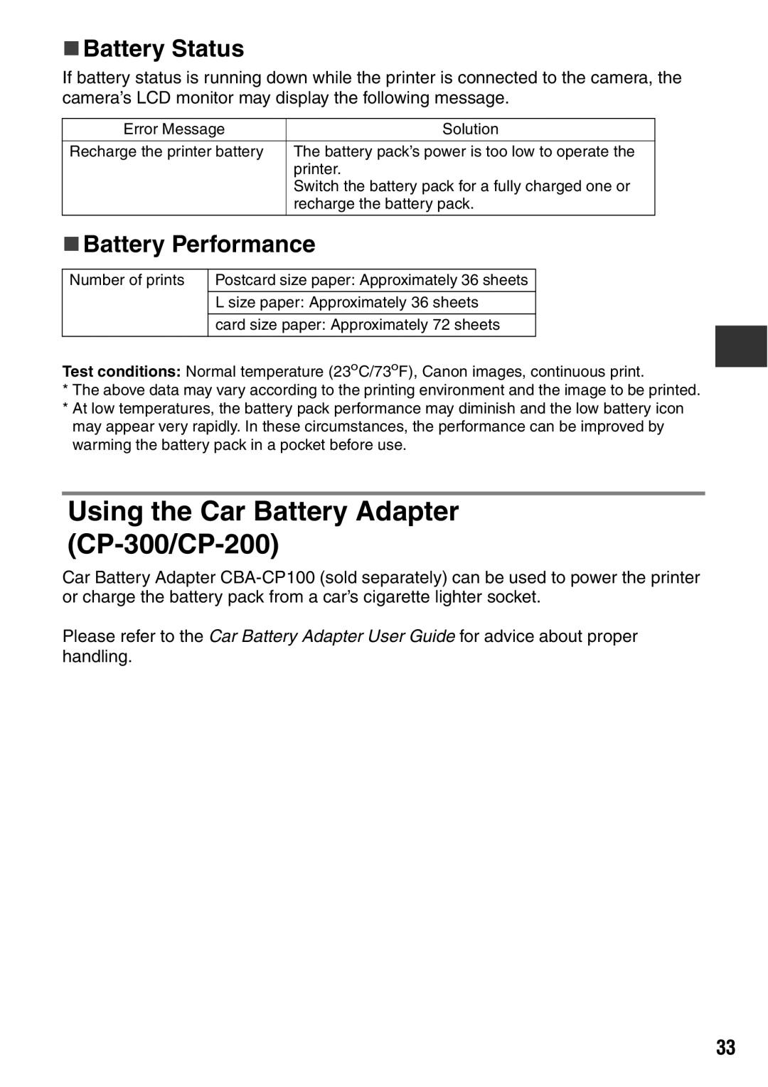 Canon CDI-M113-010 manual Using the Car Battery Adapter CP-300/CP-200, „ Battery Status, „ Battery Performance 