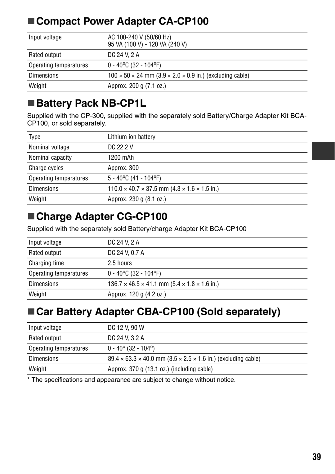 Canon CDI-M113-010 manual „ Compact Power Adapter CA-CP100, „ Battery Pack NB-CP1L, „ Charge Adapter CG-CP100 